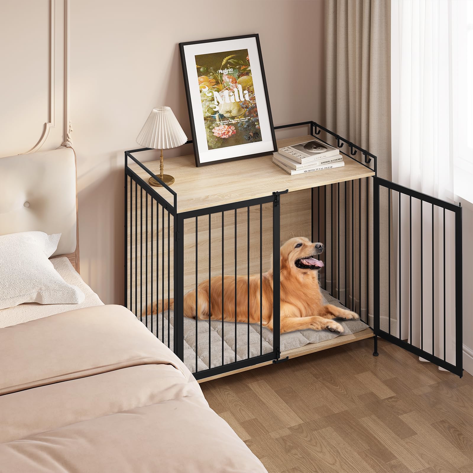 EUGAD Jaula para Perros, Casa Perro Interior con 2 Puertas, Caseta para Perros Grandes Medianos y Pequeños,104x92x60cm, Capacidad de Carga 50KG,Barras de Metal Resistentes, Mesa Auxiliar Salon