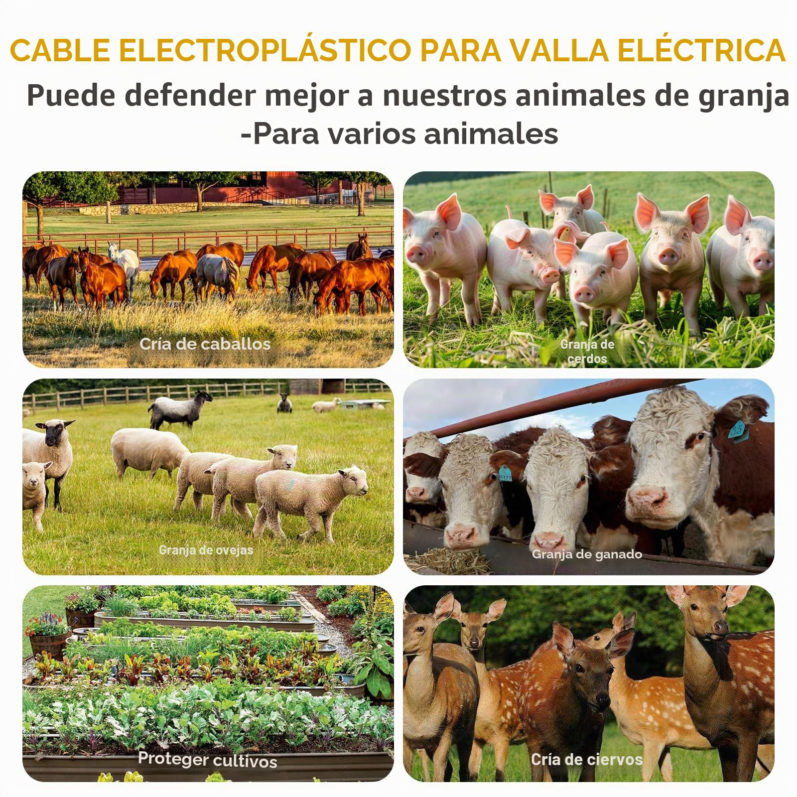 Cuerda para Cerca Eléctrica 500m, 3,0mm, 9 Hilos de Acero Inox & 33 Fibras PE, Negro-Amarillo, Para Caballos, Ganado, Cabras, Perros y Protección de Cultivos