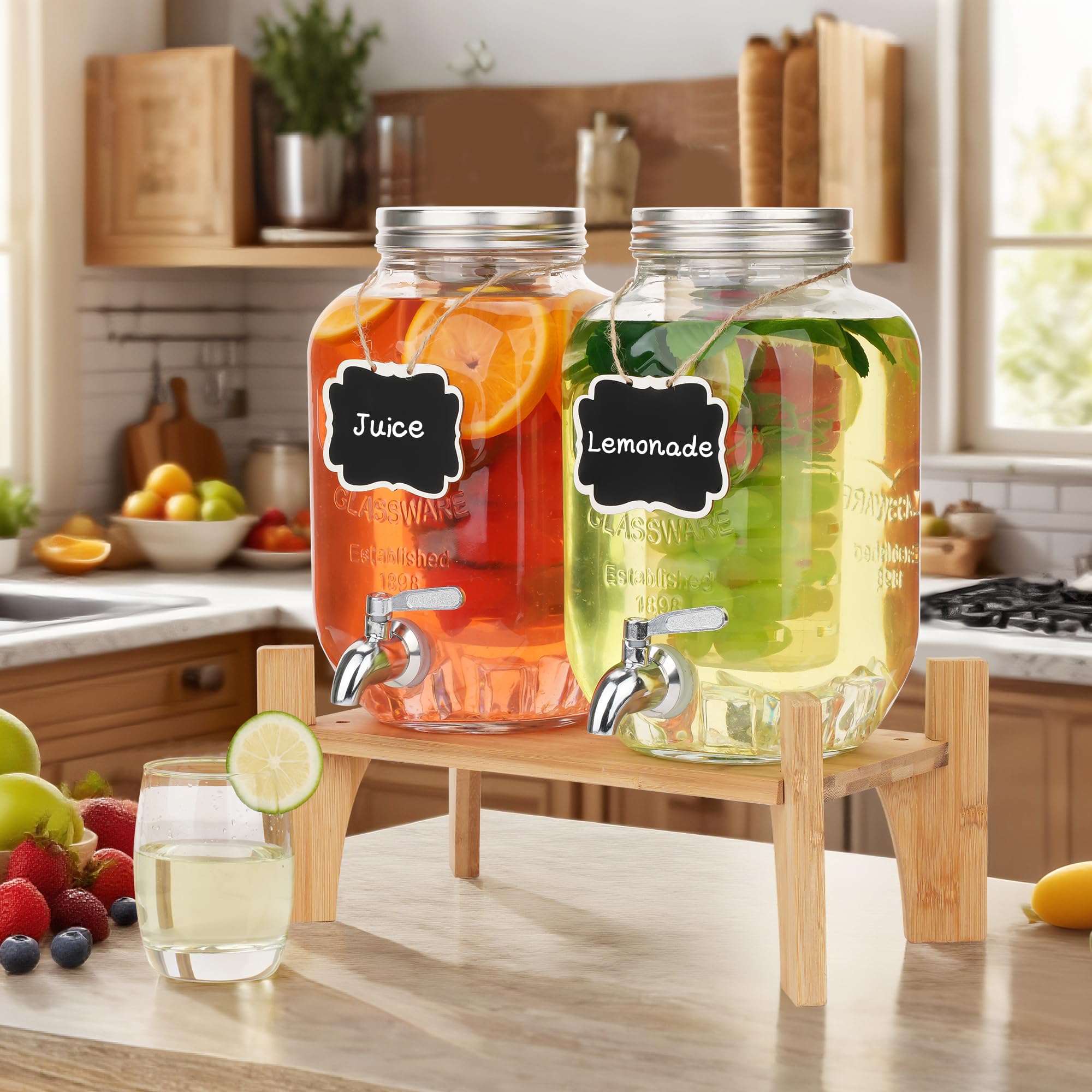 Juego de 2 dispensadores de bebidas de vidrio para fiestas, dispensadores de bebidas heladas de 1 galón con soporte, dispensador de jugo con infusor de frutas y espiga a prueba de fugas, ideal para