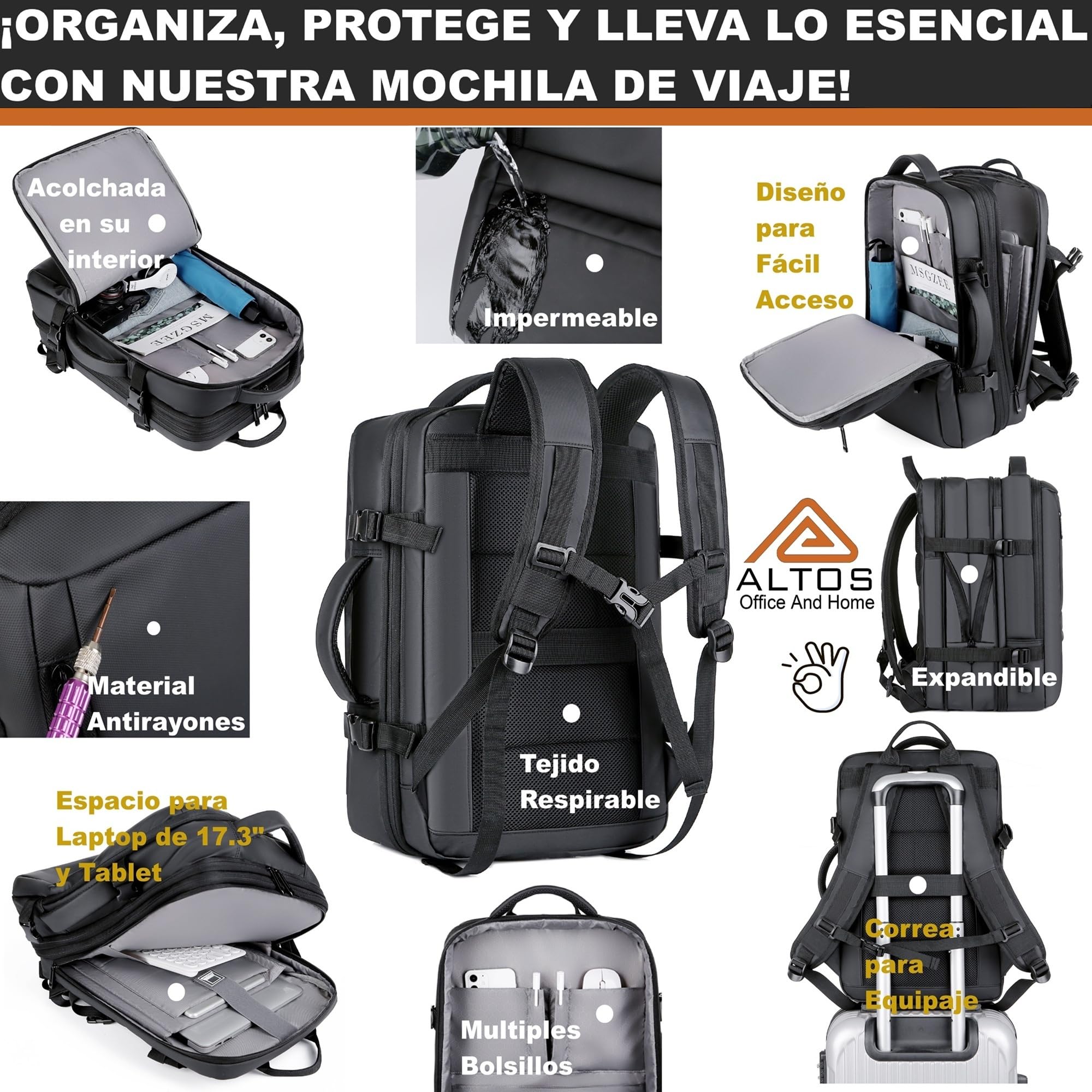 ALTOS OFFICE AND HOME Mochila 45x30x20 cm expandible equipaje de mano 45L para portátil 17 pulgadas impermeable maleta cabina viaje avión compatible con RyanAir/Vueling/EasyJet/Etc. cuero sintético