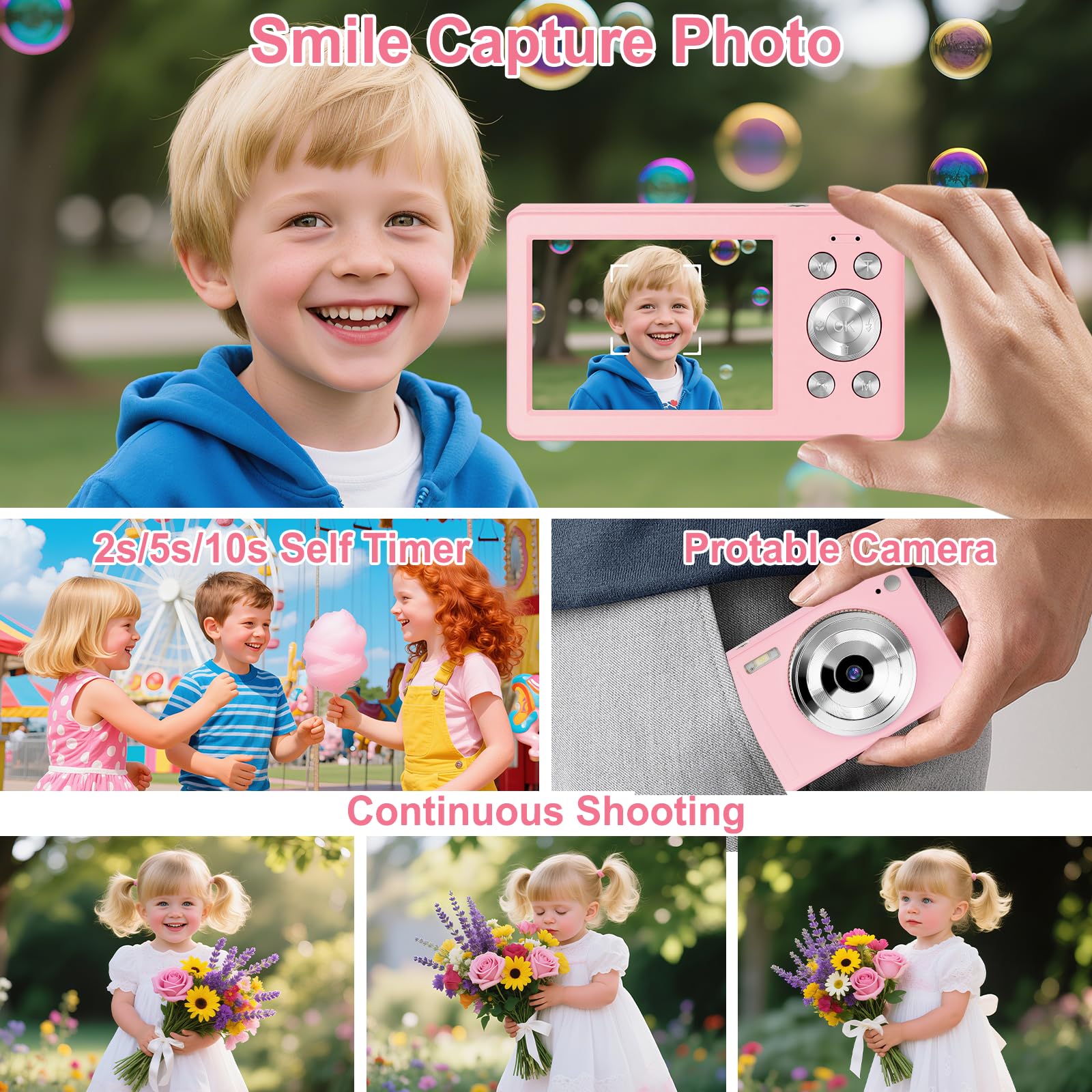 Fotocamera Digitale 56MP 1080P FHD con Autofocus16X Zoom Digitale, Fotocamera Compatta Portatile con Schermo LCD 2,8", Scheda SD 32GB 2 Batterie Perfetta per Adolescenti, Principianti (Rosa)