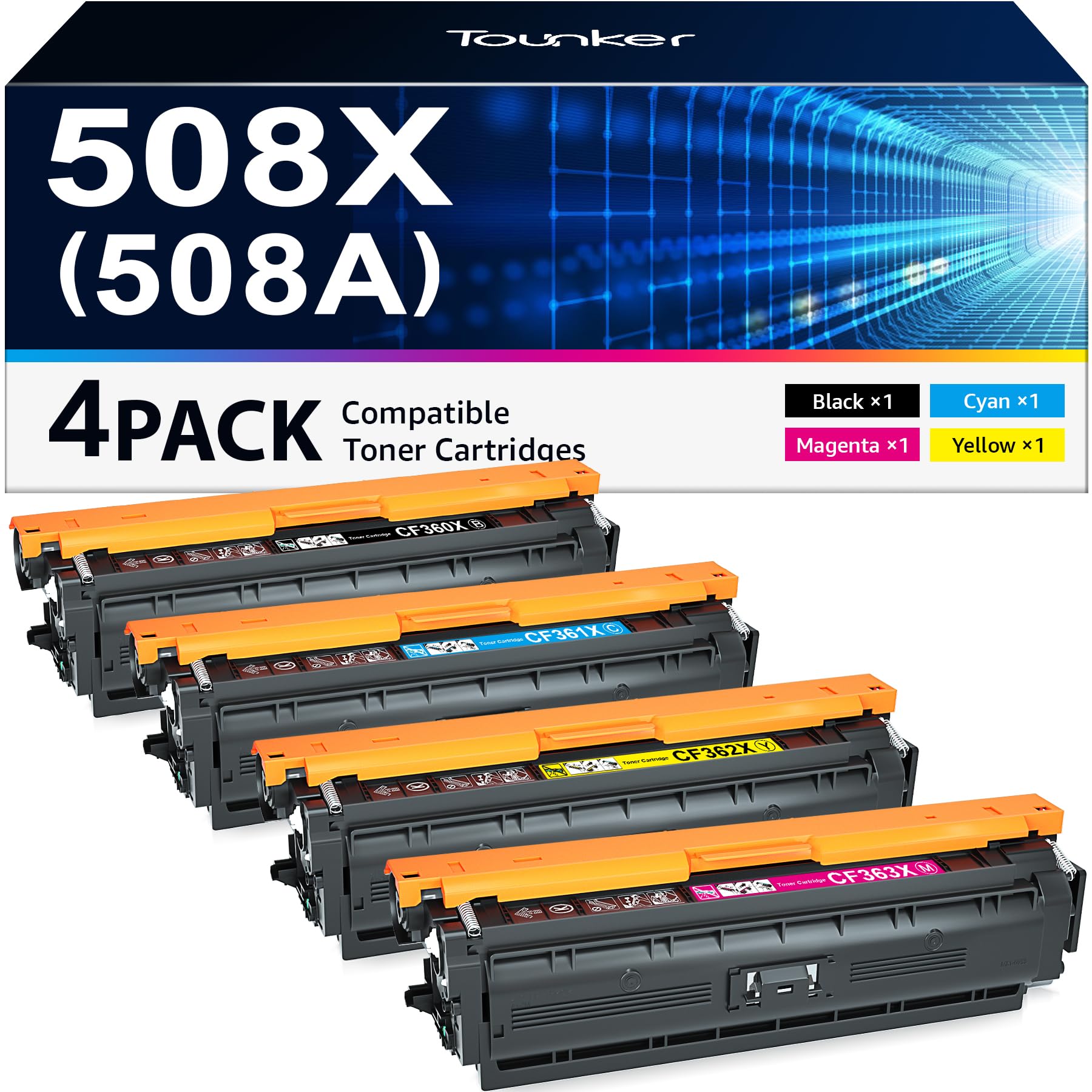 Tounker Compatible 508X Toner Cartridge Replacement for HP 508A 508X Toner for HP Color Enterprise M553 M553dn M553n M553x MFP M577dn M577f M577c Printer (BCMY 4-Pack)