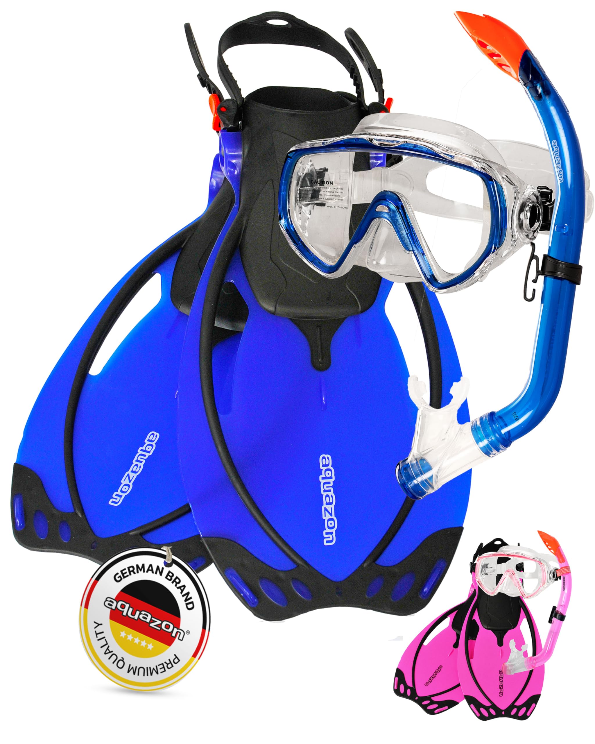 AQUAZON Miami Set de Snorkel, Set de natación, Set de Buceo, Gafas con Cristal Templado antivaho, Silicona, Snorkel semiseco, Aletas Ajustables para niños