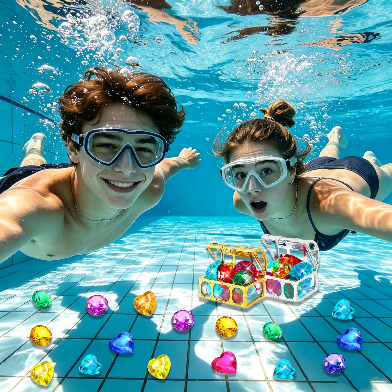 EKKONG Tauchen Edelsteine, Tauchjuwel Pool Spielzeug, 12 Große Bunte Diamanten mit 2 Piraten Schatztruhe und 1 Netzbeutel, Sommer Schwimm Tauch Edelsteine für Strandpartys, Aktivitäten am Pool (B)