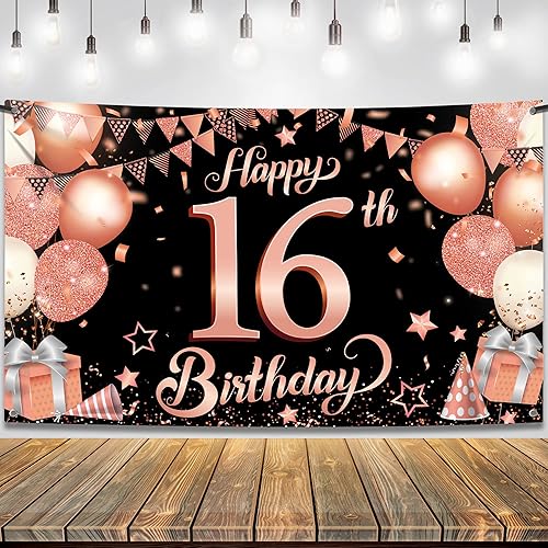 KatchOn, Telón de fondo de oro rosa dulce 16 XtraL, 72 x 44 pulgadas Cartel de cumpleaños número 16 de oro rosa para decoraciones de cumpleaños de