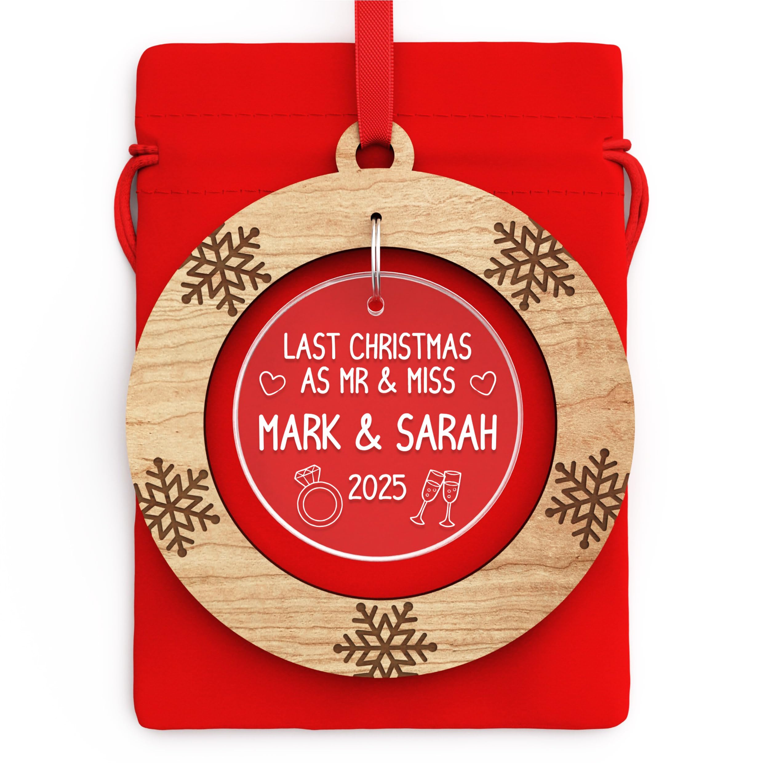 Personalised Last Christmas As Mr and Miss Decorations - Last Christmas As A Miss Cherry Veneer and Acrylic Engraved Bauble - Engagement Gifts for Couples