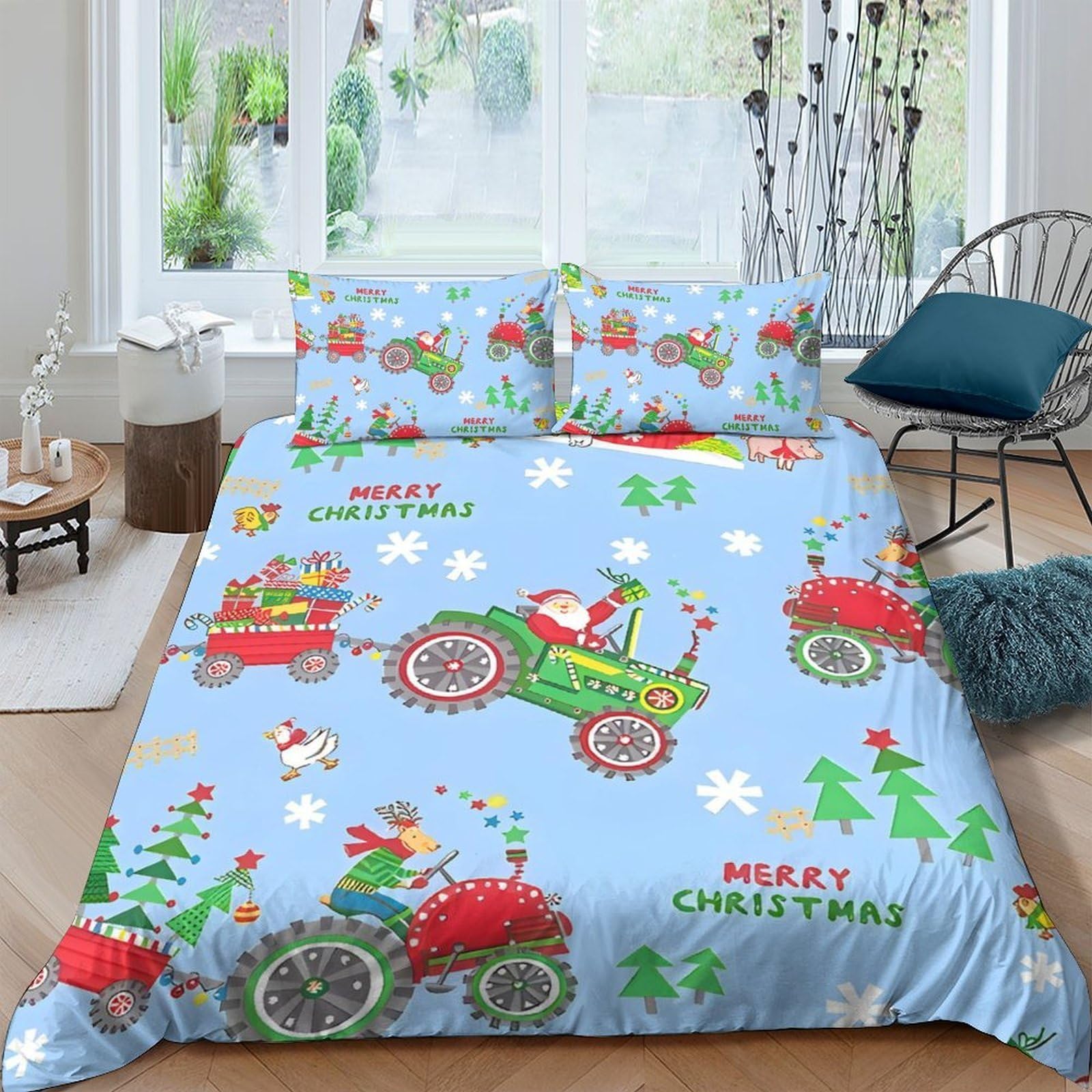TUFRTGYHN 3D Printed Christmas Cartoon Duvet Cover Microfiber Blue Festive Car Quilt Cover Set with 2 Pillowcases for Bedroom Decor Single（135x200cm）