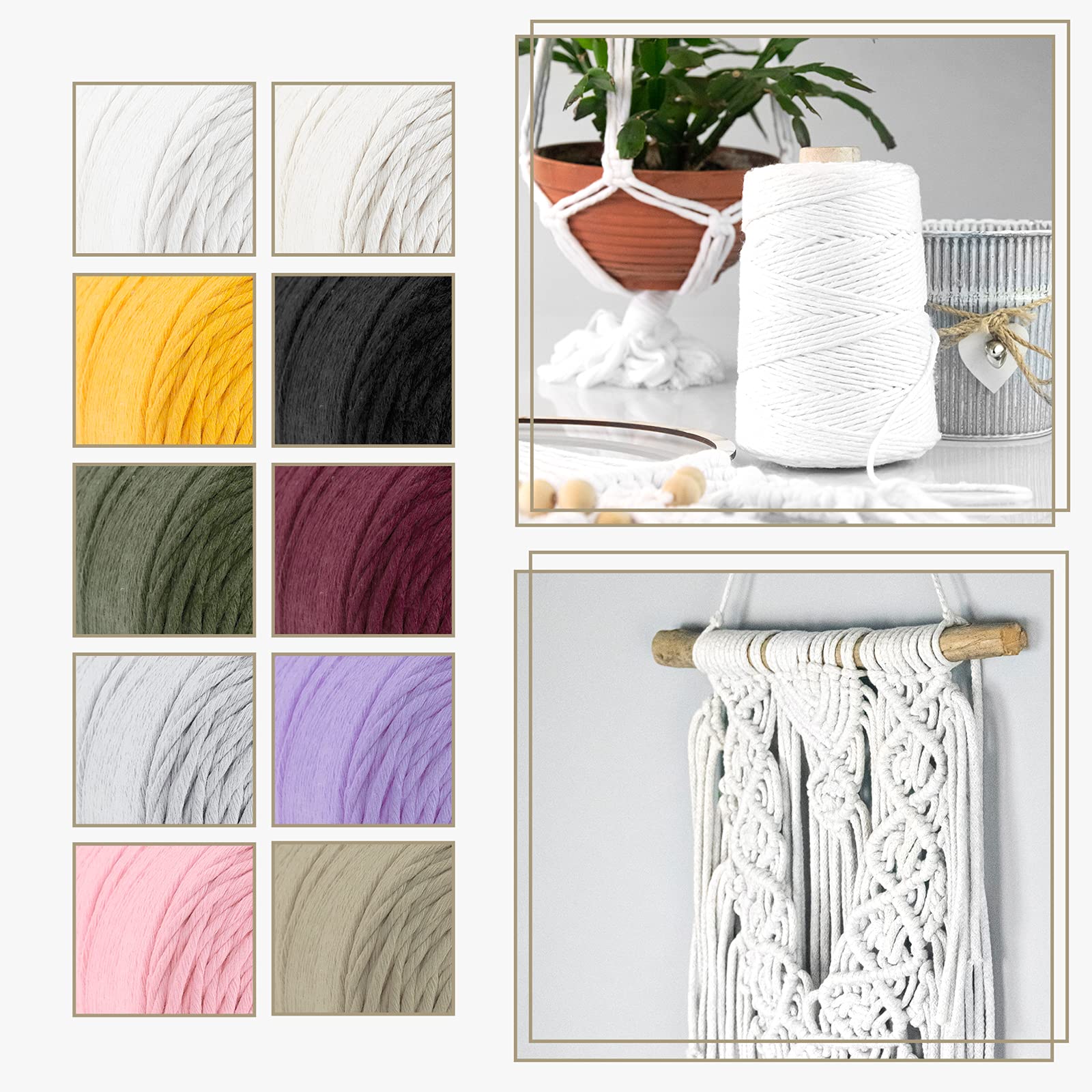 Hilo de macramé premium, 1000 m, 3 mm, amarillo, 100 % algodón, cordón natural, hilo de algodón, decoración artesanal