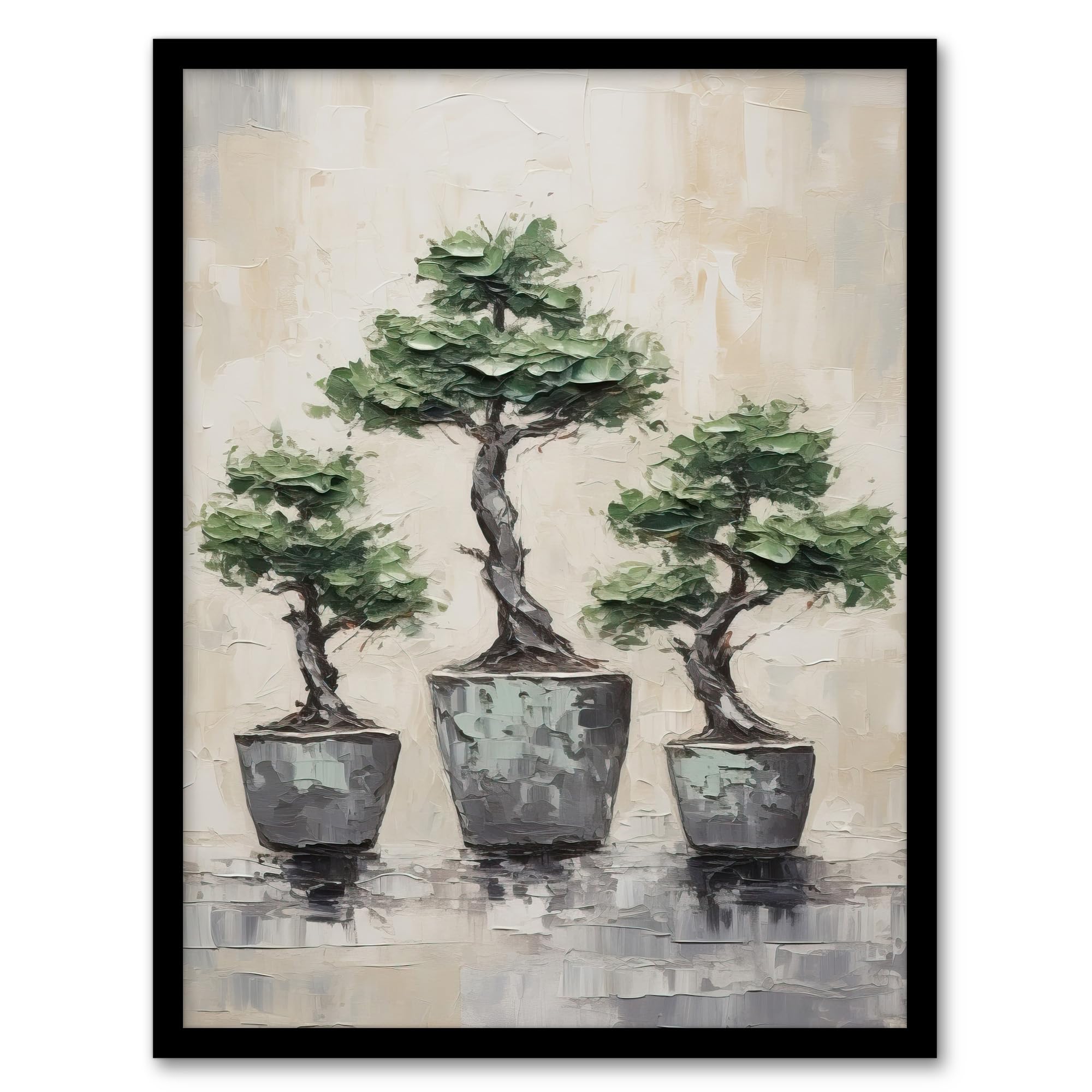 Artery8 My 3 Bonsai Trees Oil Painting Pallet Knife Neutral Tone Textured Tree Artwork Artwork Framed Wall Art Print A4