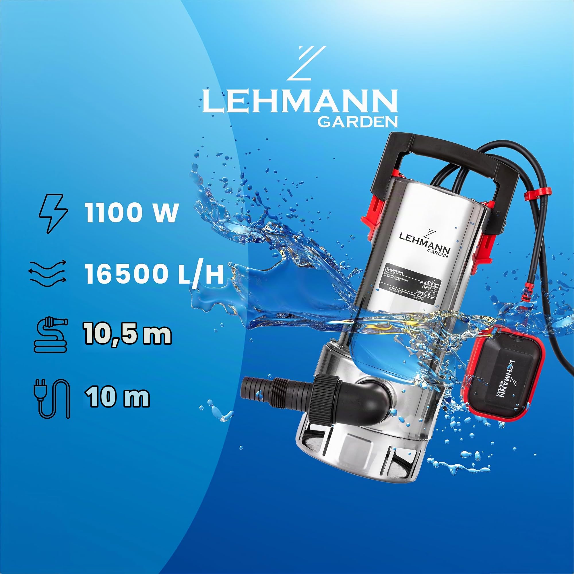 LEHMANN Schmutzwasserpumpe SP2, 1100 W, Tauchpumpe mit integriertem Schwimmer, 16.500 l/h Fördermenge, 10,5 m Förderhöhe, Partikelgröße bis zu Ø35 mm, Edelstahl, Silber