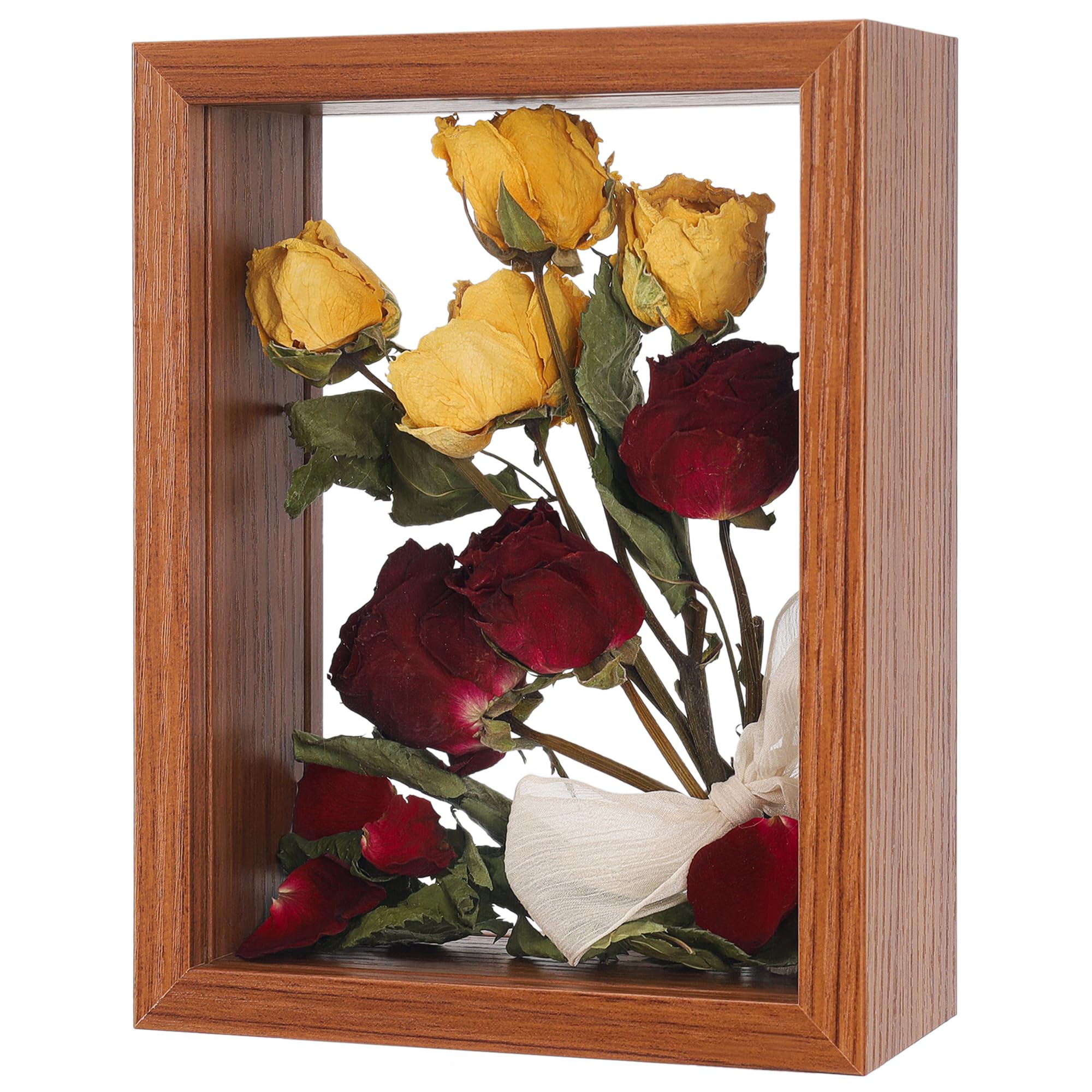 Wooden Dried Flower Frame, Floating Wood Shadow Box Frame for Pressed Flowers Double Acrylic Picture Frame Tabletop DIY Gifts for Family Friends Rectangle Dark Brown 5×7 inches (FRAME ONLY)