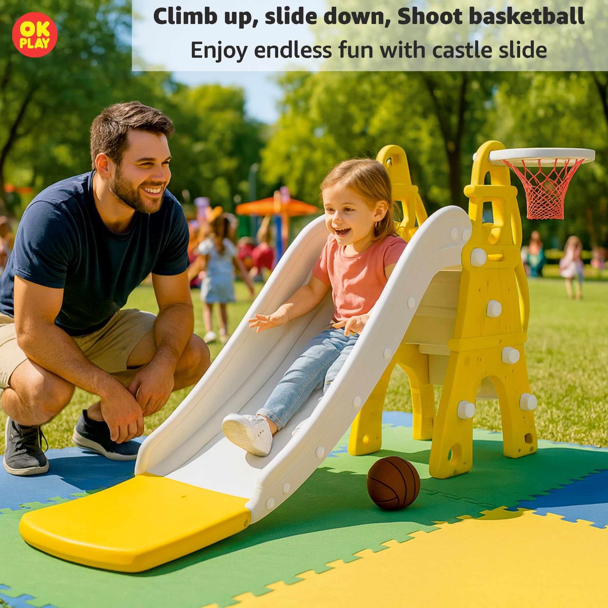 OK PLAY Castle Slide for 2 to 8Years | With Ball and Ring | Indoor Outdoor Games | Perfect Slide for Home, School & Playground | Easy Assembly | Safe & Fun Activity Toy | 170 x 72 x 94cm | Yellow&Grey - Image 4 thumbnail