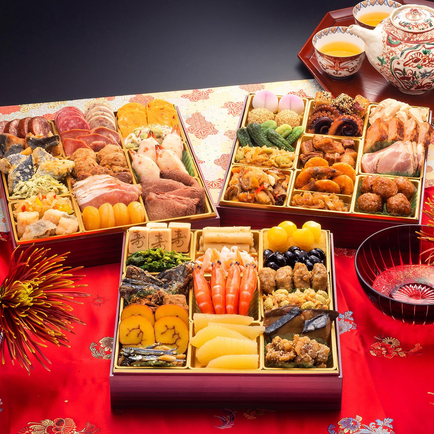 博多久松 厳選本格和洋中おせち 祝赤重 特大8寸3段重 全48品