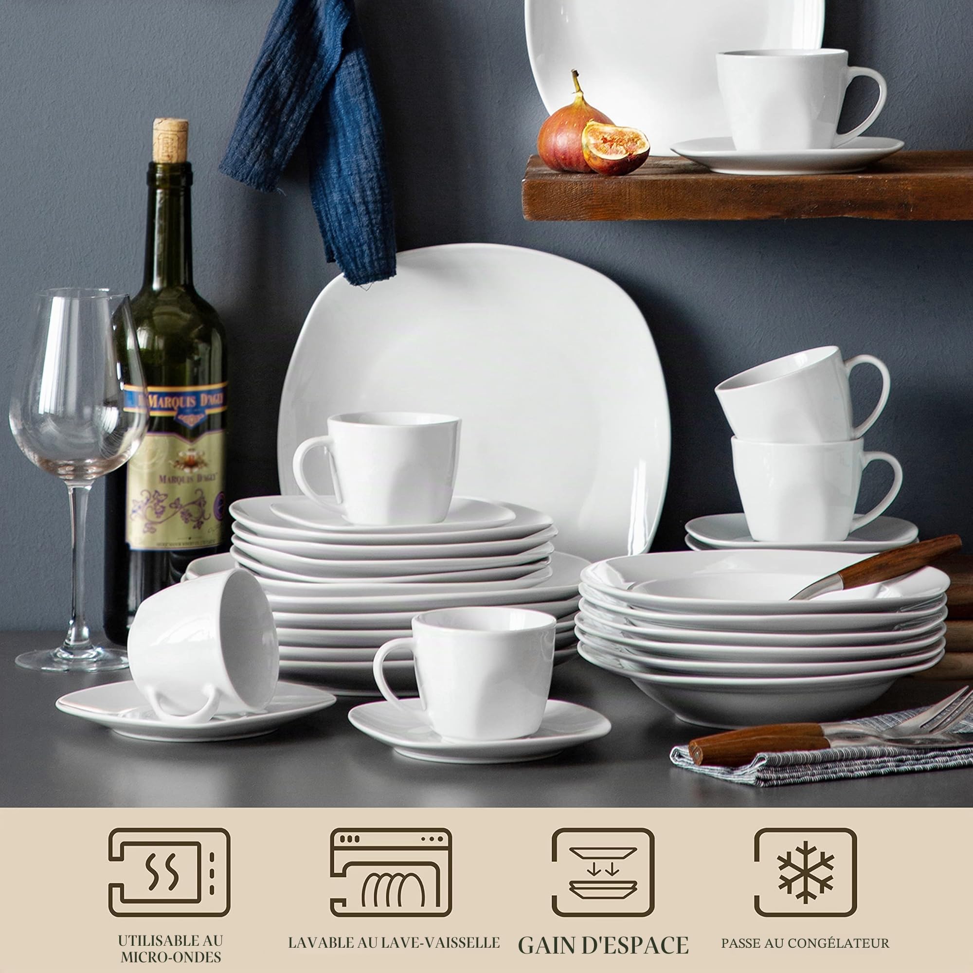 MALACASA Série Elisa, 60 Pcs Service de Table Porcelaine,Services Complets à Dinner, 12 Pcs * [Assiette Plat][Assiette Creuse][Assiette à Dessert][Tasse][Soucoupe]