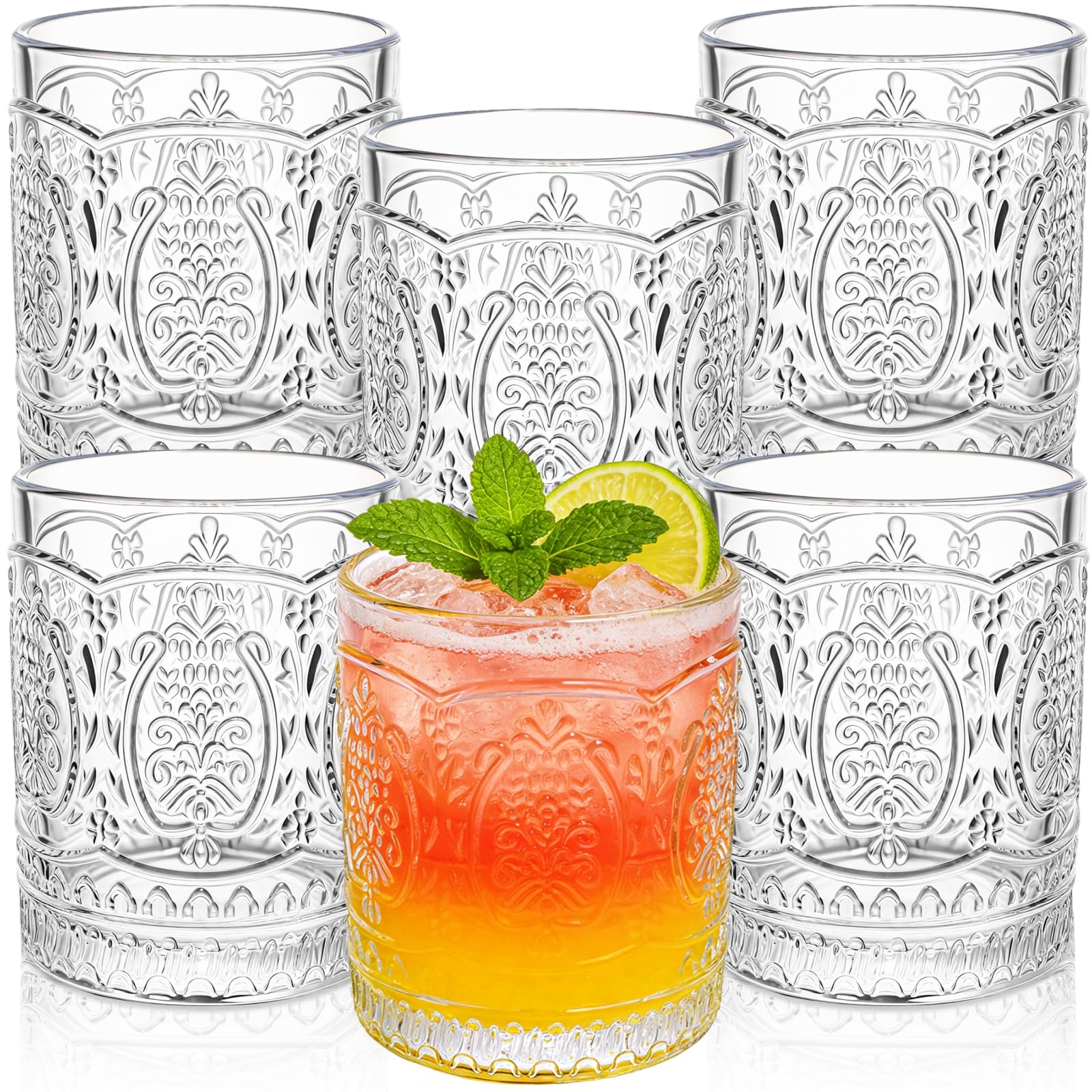 6 Pack Vintage Drinking Glasses 13 OZ Cocktail Glassware Set Embossed Water Glass Cup Old Fashion Beverages Drinkware
