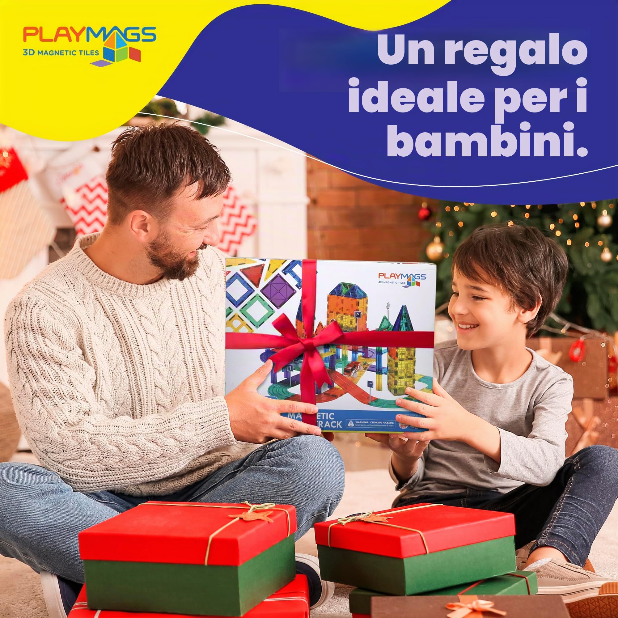 Playmags Set da 200 pezzi con piastrelle magnetiche, pista da corsa, include 2 auto da corsa elettriche motorizzate, per bambini dai 3 anni in su