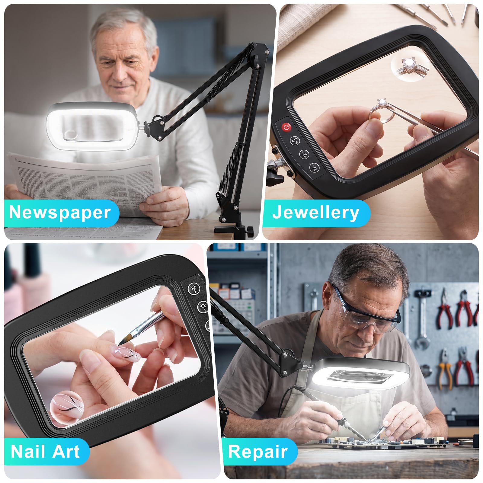 NZQXJXZ Lupa con Luz 10X 30X con Pinza para Lectura y Hobbies | Brazo Flexible 75 cm, Lente Acrílica Grande, 3 Modos de Luz, Brillo Regulable y Pinza Práctica para Uso Manos Libres