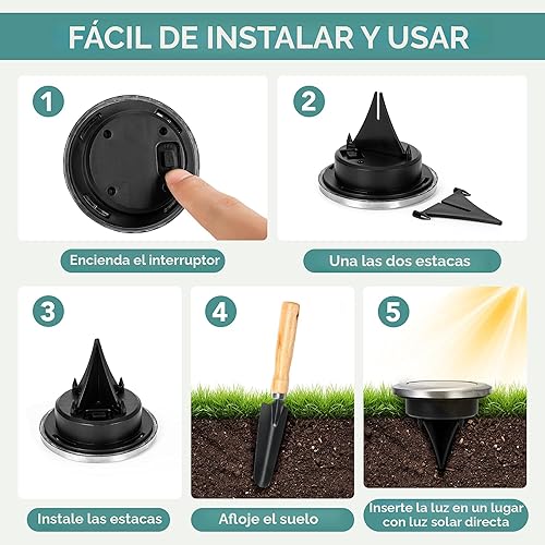 Miniatura 7 de SOLPEX Mini luces solares de tierra, paquete de 10 luces solares para exteriores, impermeables, luces de camino alimentadas por energía solar, luz