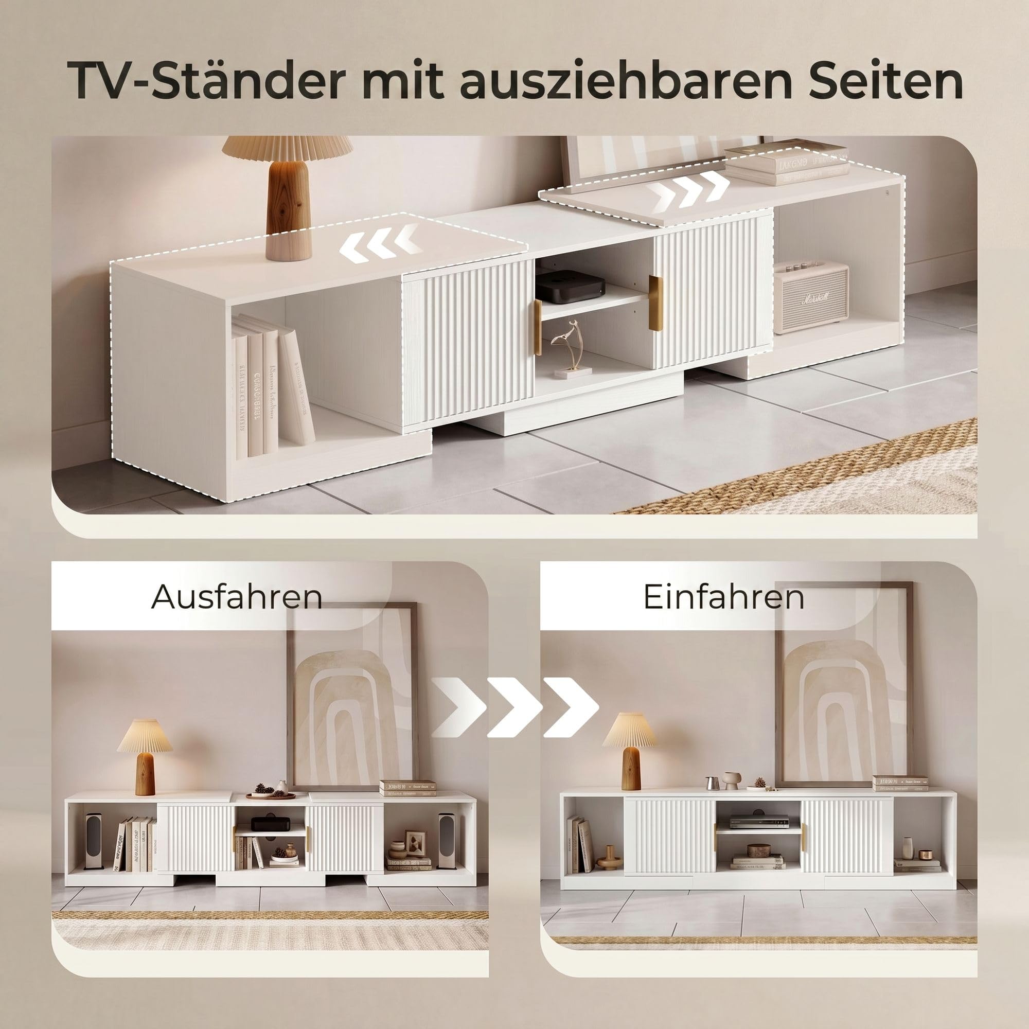 IRONCK TV Schrank Ausziehbar 160–200cm, Lowboard für Fernseher 30-75 Zoll, Drehbar Eck Fernsehschrank Holz, 2 Türen und verstellbaren Stauraum, Modern TV Board Fernsehtisch für Wohnzimmer, Weiß