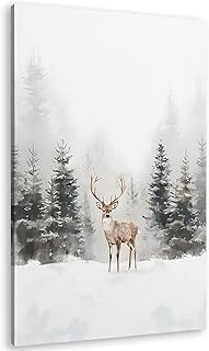 TLESKE Winter Deer Reindeer Wall Art Decor, Snowy Forest Mountain Canvas...