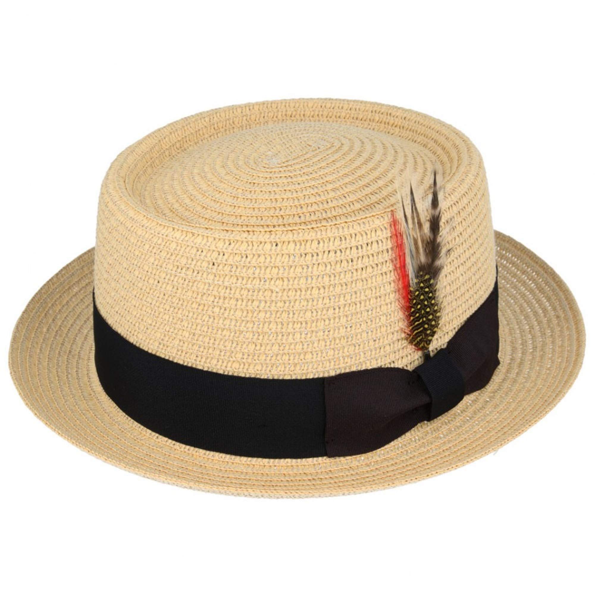 Hawkins Unisex Beige Crushable,Packable Straw Summer Beach Sun Pork Pie Trilby Hat With Band (59)