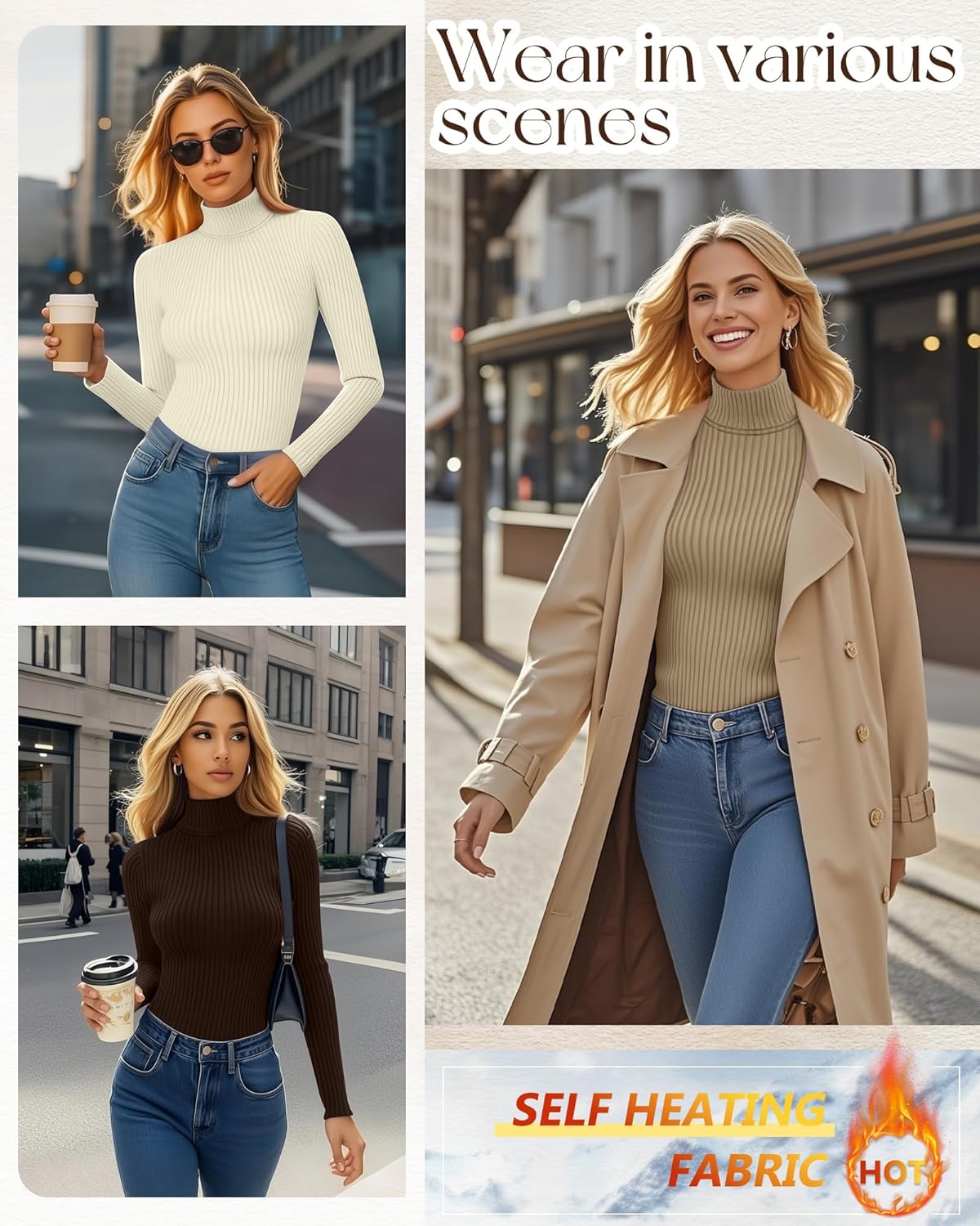 Ficerd 3 Pack Women's Ribbed Thermal Turtleneck Tops Long Sleeve Stretch Shirts Knitted Fitted Lightweight Base Layer - Image 2