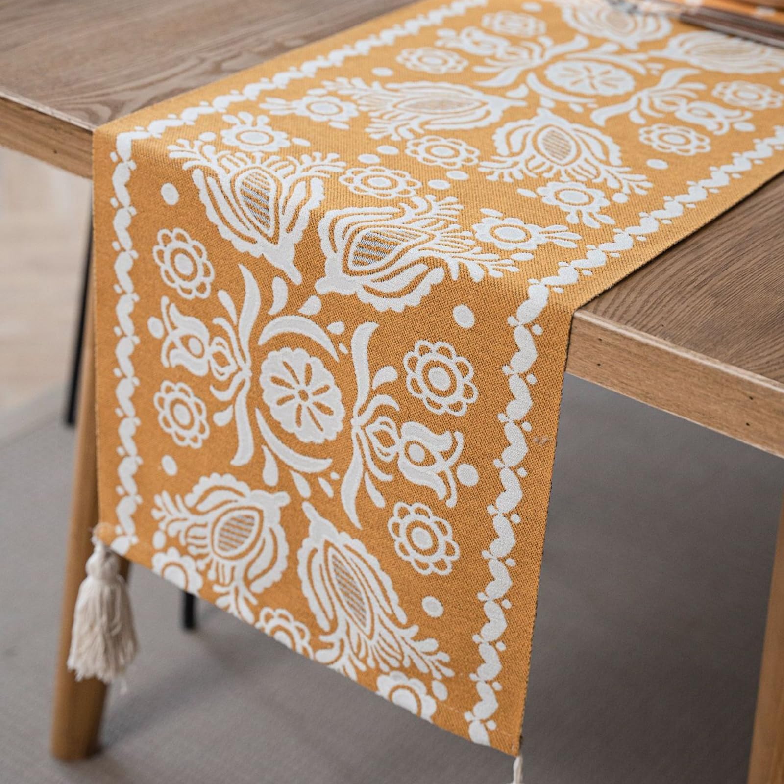 Tischläufer Polyester Wohnzimmer, Tischläufer Hochzeit 35x180 cm, Weißer Jacquard mit Blumenmuster und Quasten
