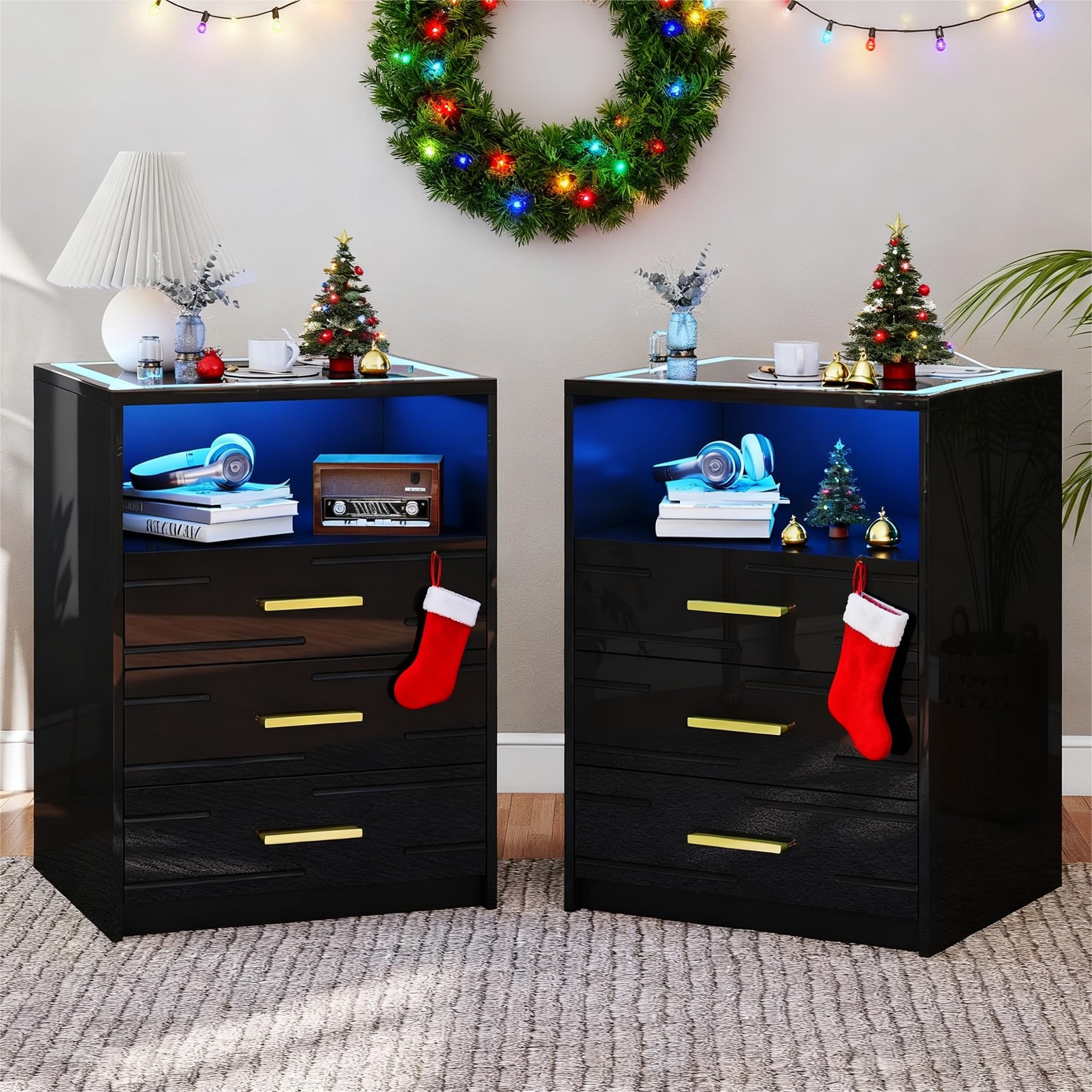 led night stand set with charging station and 3 drawers