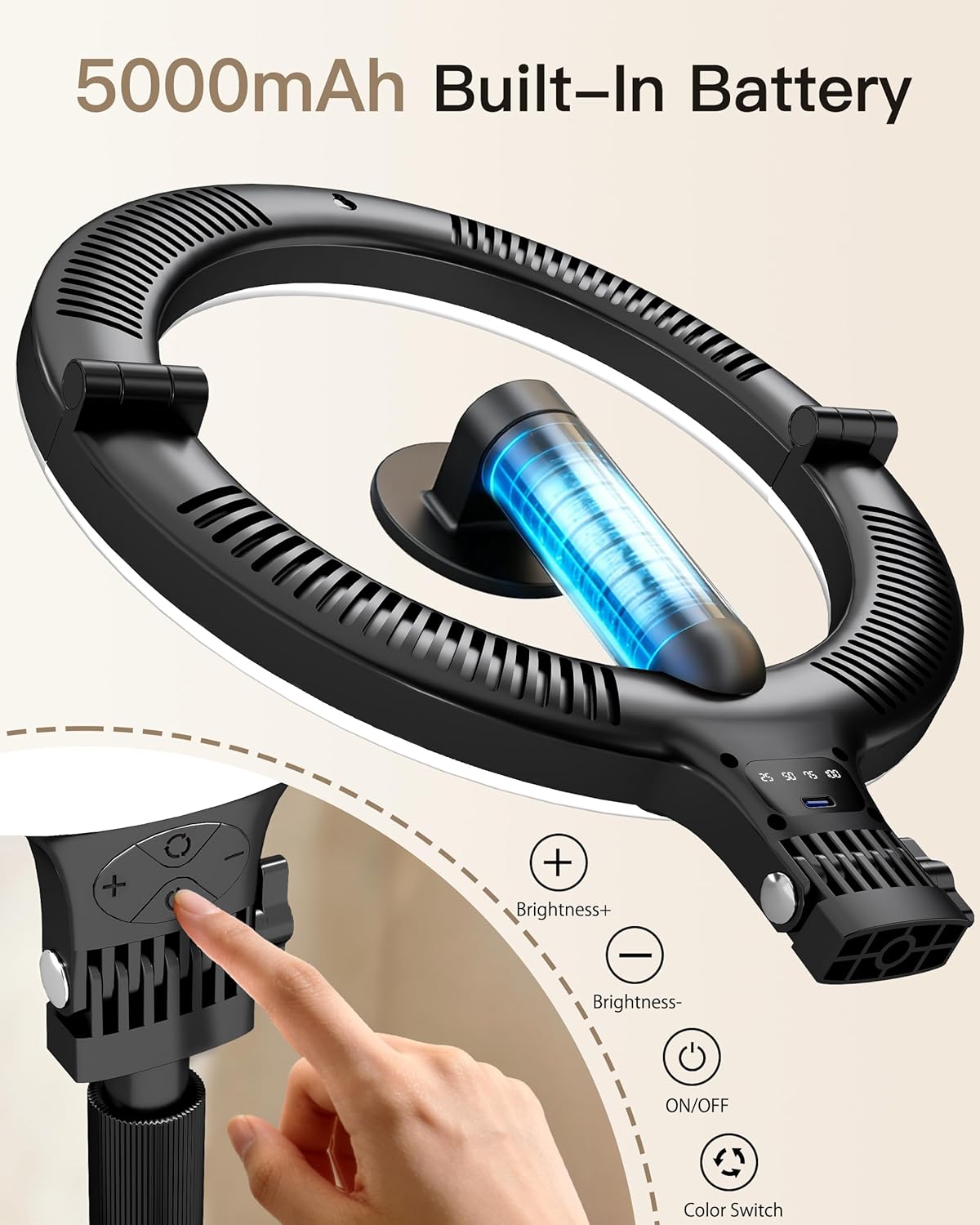 NiceVeedi 10.2” Magnetic Desk Ring Light with Stand, 5000mAh Rechargeable Desktop Ring Light for Phone，3 Color Foldable Selfie Light for Live Stream/Makeup/TikTok/YouTube/Photography/Zoom/Vlogging