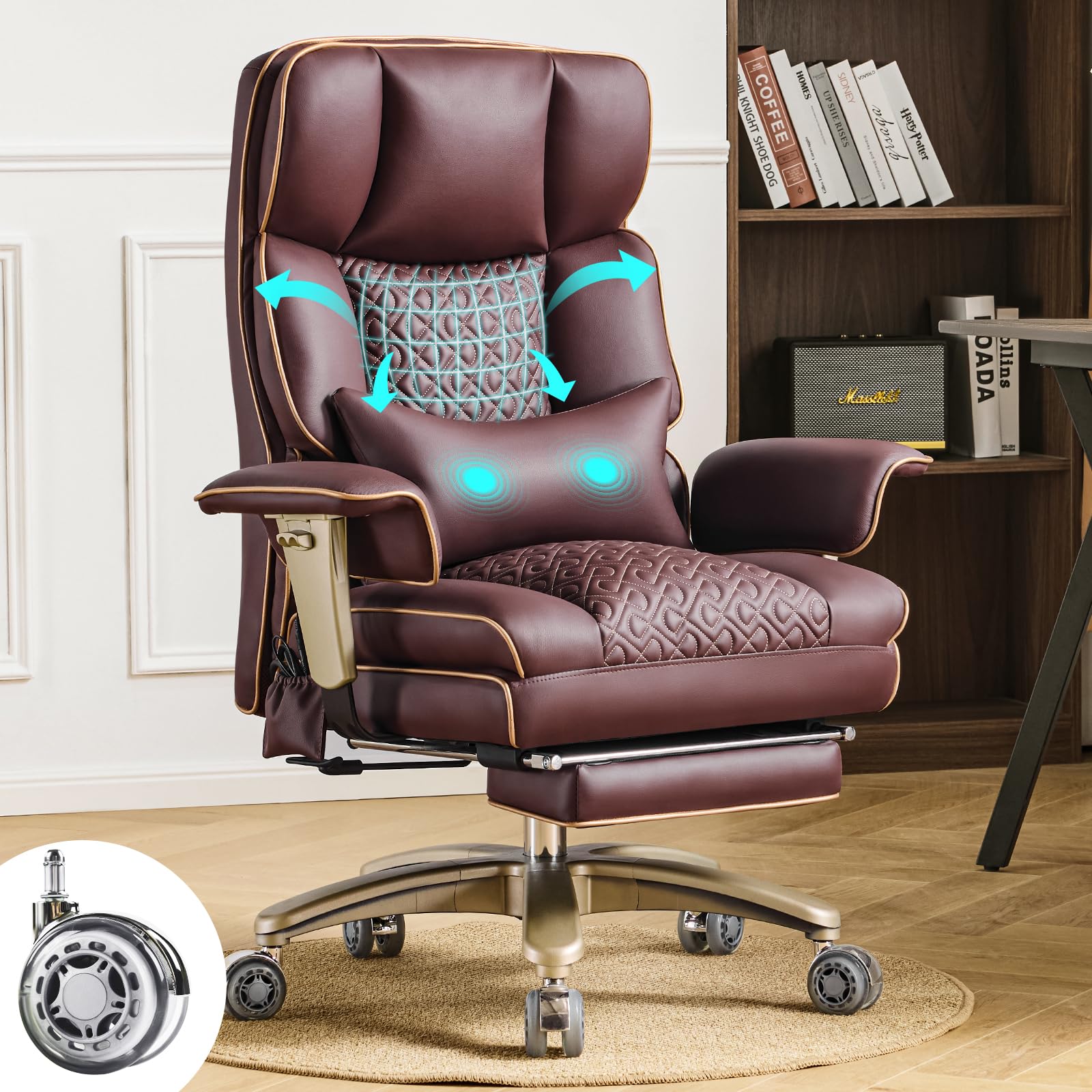 Ergonomic Executive Desk Chair with Adjustable Air Back Support, Luxury PU Leather Office Chair with Lumbar Massage High-Back 3-Level Tilt 360° Swivel Silent Wheels Height Adjustment,Footrest, Brown