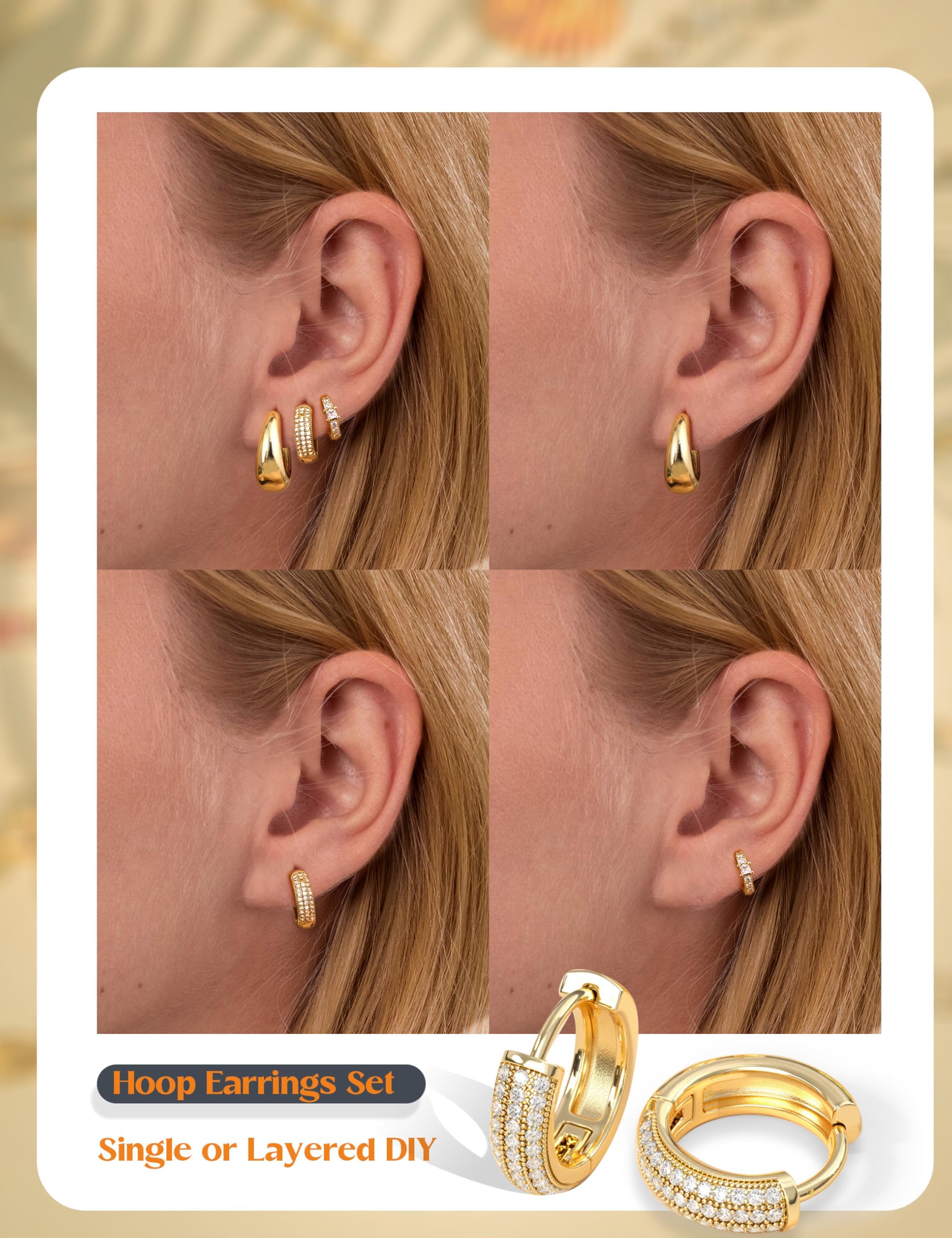 Chriscoco 3Paia Orecchini Cerchio Oro/Argento Set Anallergici Orecchini Donna Oro Placcato 14K Orecchino a Cerchio Piccoli per Fori Multipli