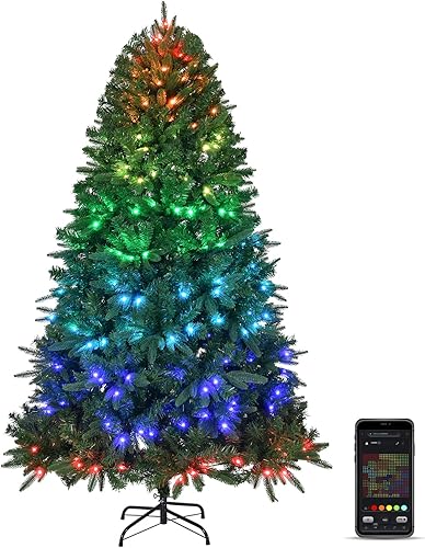 VINGLI Árbol de Navidad LED preiluminado de 6 pies con luces parpadeantes, luces RGB multicolor controladas por aplicación, 1274 puntas de ramas de