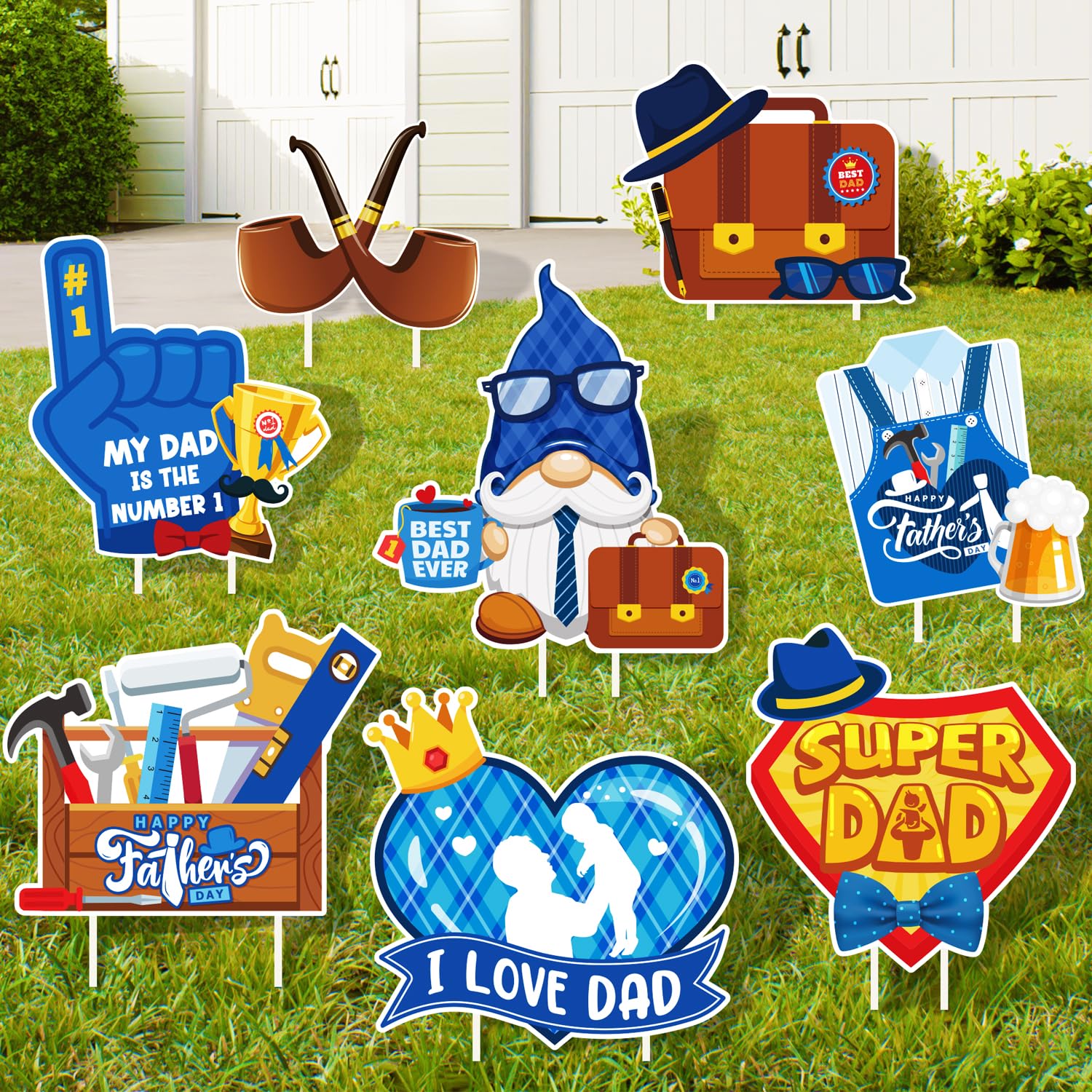 8 Pieces Fathers Day Yard Signs with Stakes Waterproof Happy Father's Day Outdoor Decorations Party Supplies Holiday Welcome Signs for Fathers Day