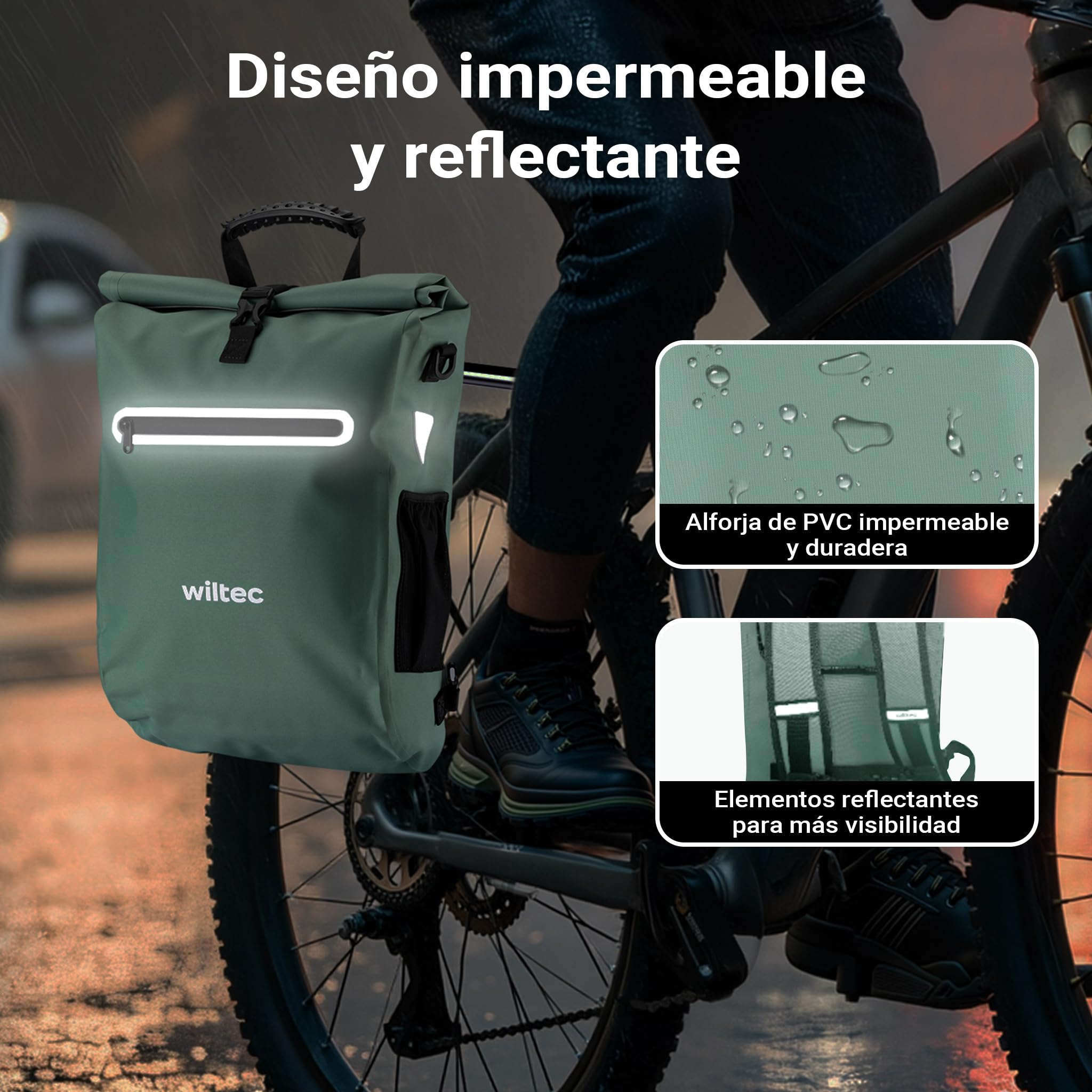 WilTec Bolsa versátil para Bicicletas 20 L Verde Resistente a la Lluvia con Compartimento para portátil fácil instalación en portabultos Ideal para Ciclistas urbanos y excursiones