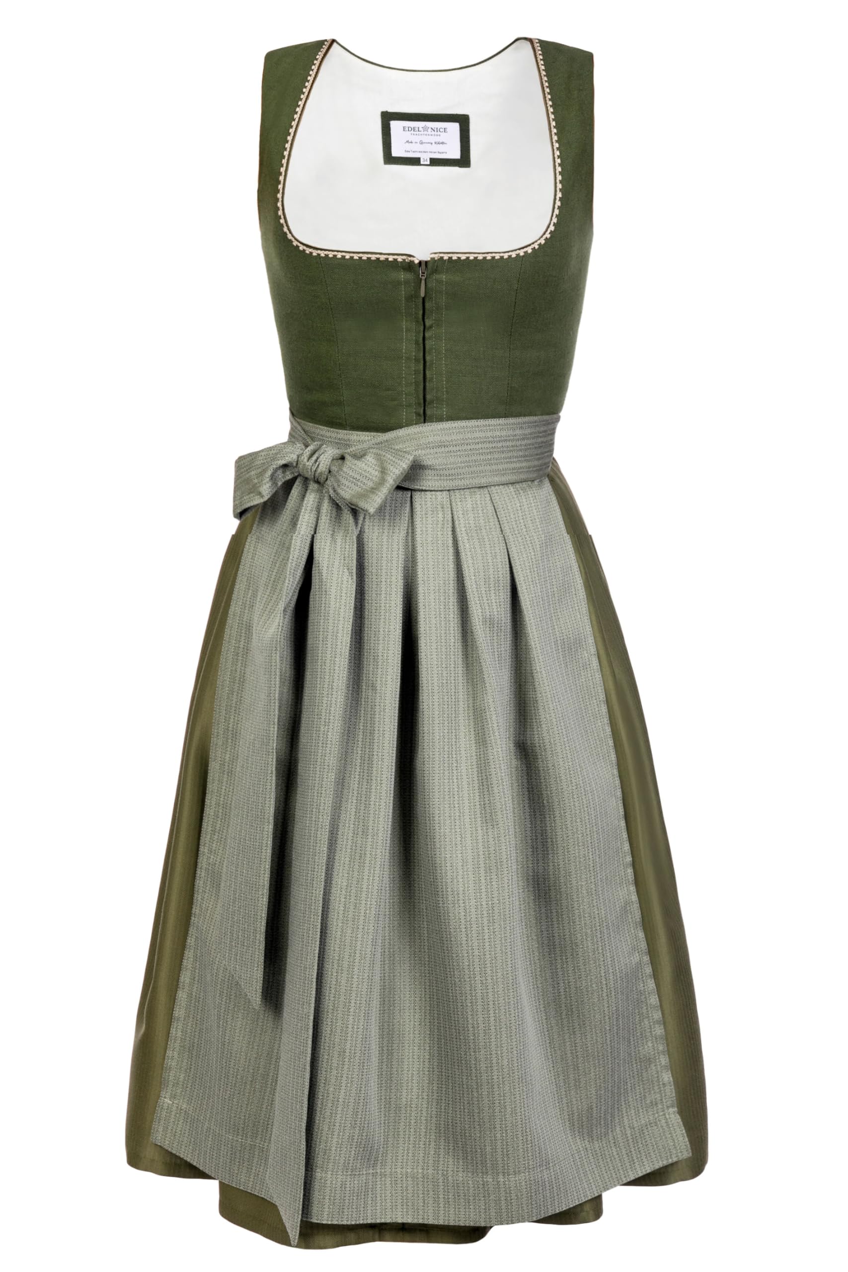 Edelnice Trachtenmode Midi Dirndl Anni – Midi Dirndl aus Leinen Grün inkl. Dirndlschürze, Gr. 32-54 (48)