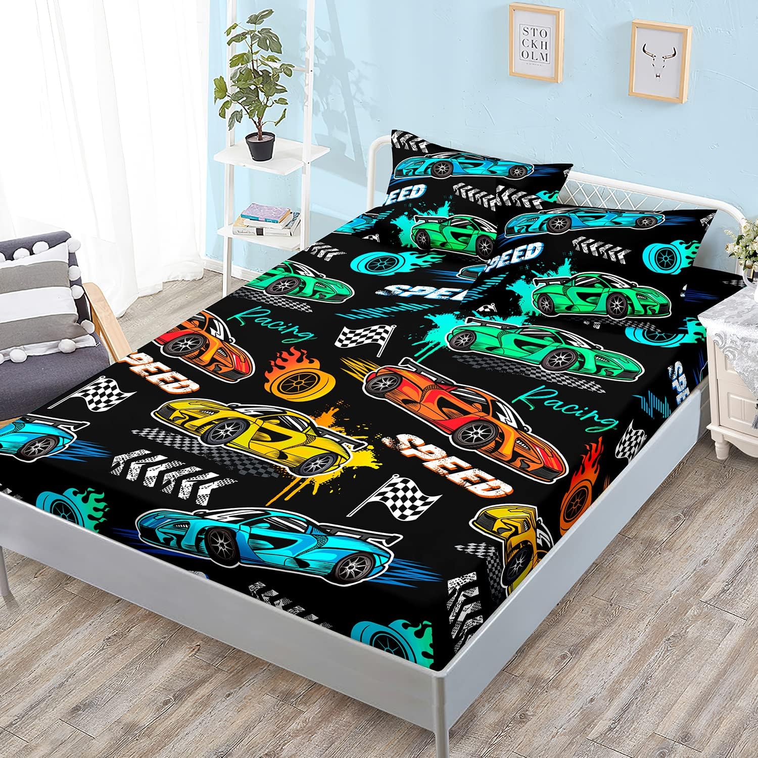 HOSIMA Child's Cartoon Sports Car 3-Piece Set with 2 Pillowcases, Racing Car Bedding for Boys & Girls, Extreme Sport Games, Twin Set