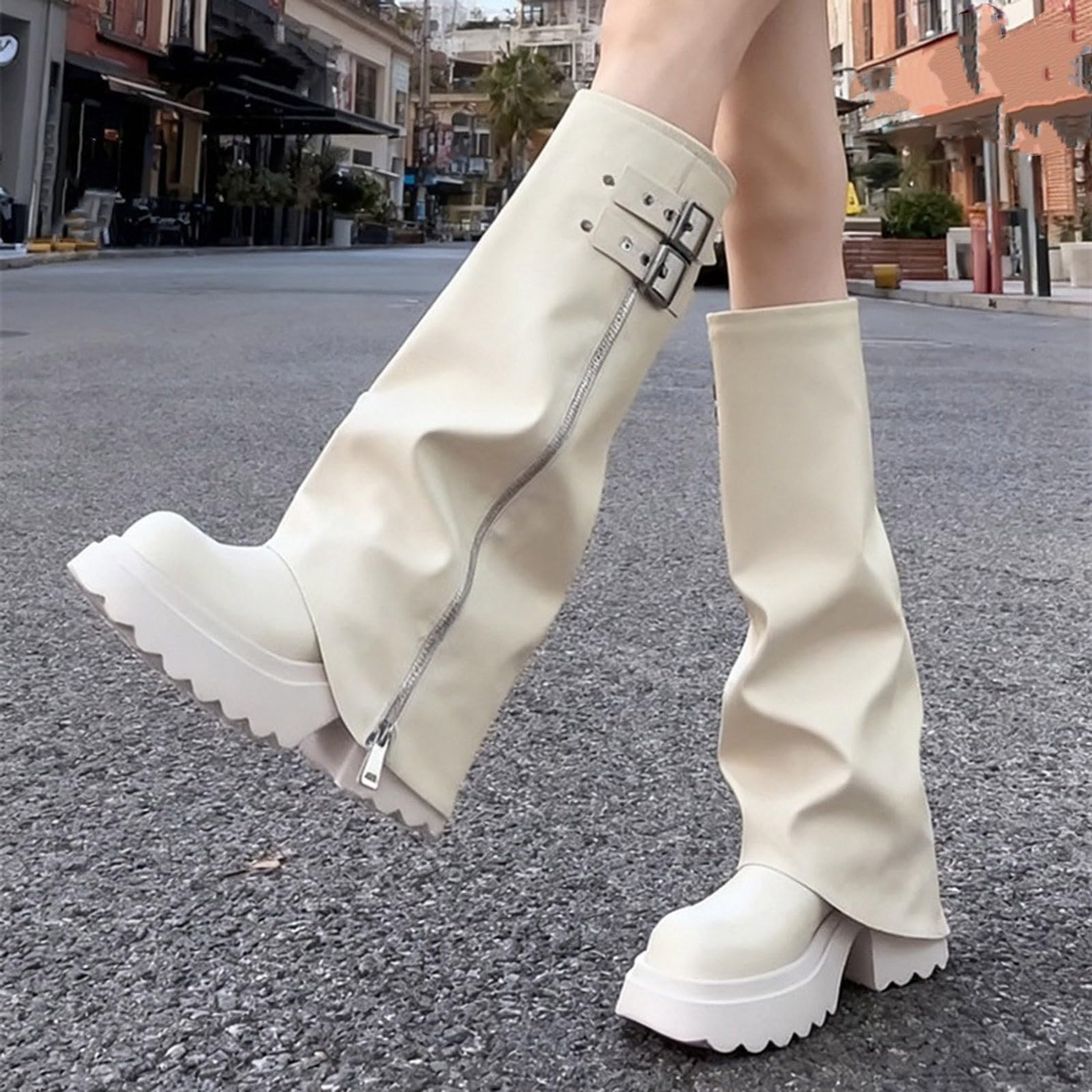 Stivali da donna eleganti al ginocchio, con plateau, pieghevoli