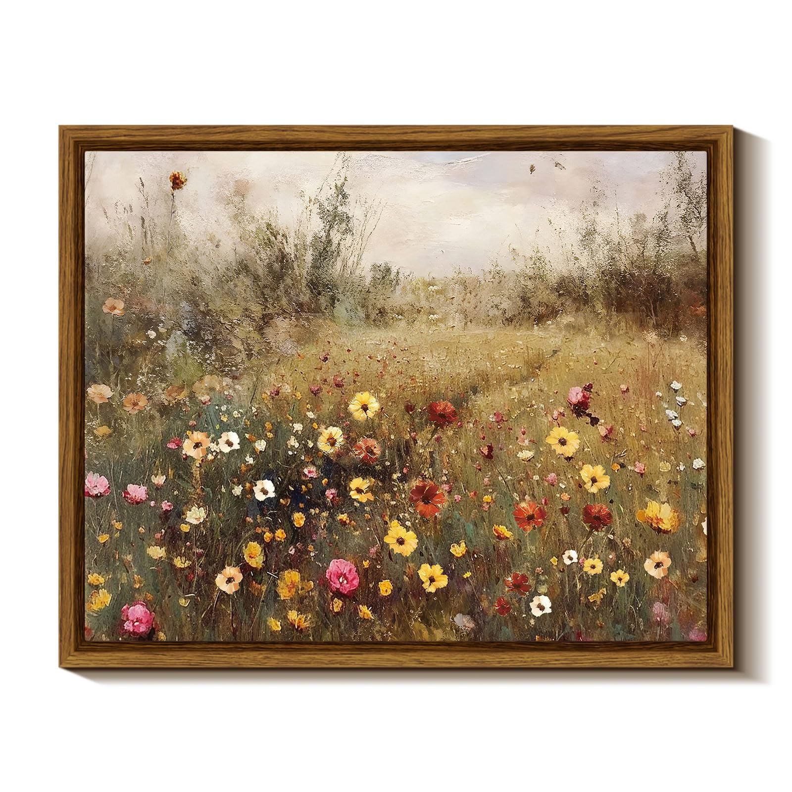 ARPEOTCY Framed Landscape Canvas Wall Art, Meadow with Flowers Vintage Paintings Artworks, Classical Wildflower Field Scene Pictures Decor, Hanging Wall Decor for Bathroom Bedroom Office 8x10inch