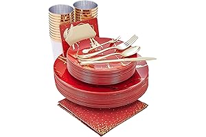 N9R 225PCS Red and Gold Disposable Dinnerware Plates Set
