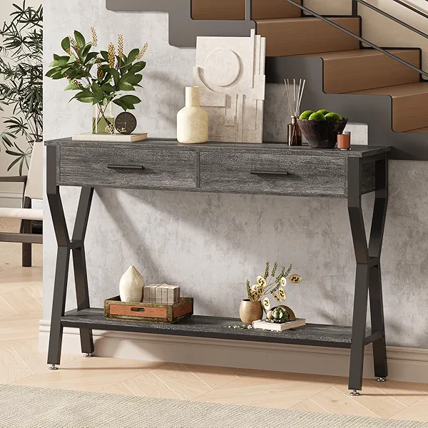Tarnorci 47" Console Sofa Table with 2 Drawers,Narrow Entryway Table with 2 Tier Storage Shelves,Industrial Accent Table for Entry Way,Hallway,Couch,Living Room,Kitchen,Foyer (Gray)