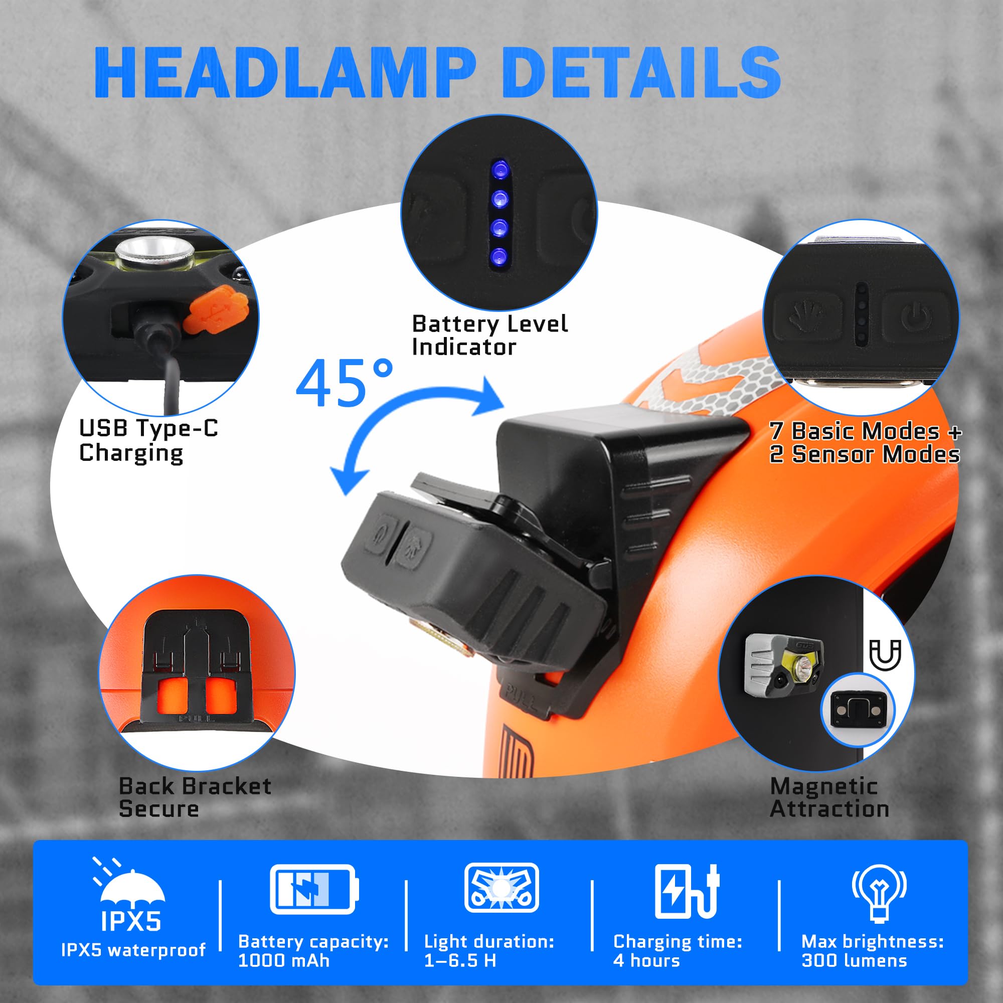 UM ULTRAMAXX Casco di sicurezza certificato ANSI tipo II, classe C, con faro (arancione)