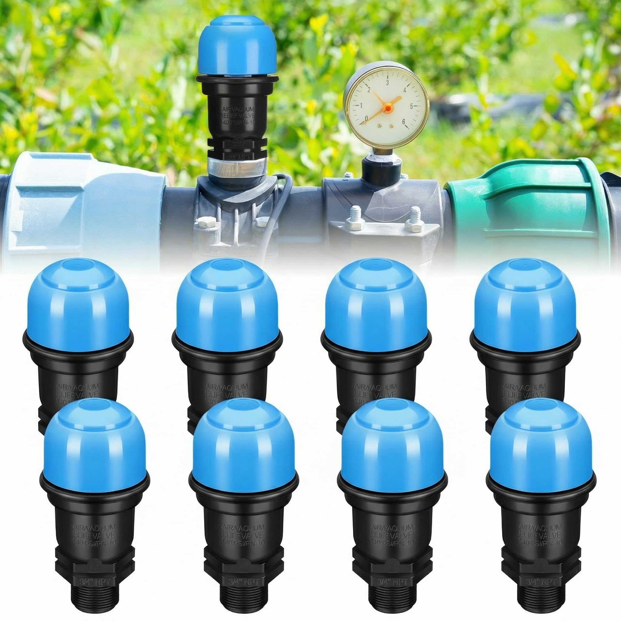 Threlaco Paquete de 8 válvulas de liberación de aire y alivio de vacío, válvula de purga de rosca macho, sistema de ahorro de agua para sistemas de goteo agrícolas (3/4 pulgadas)