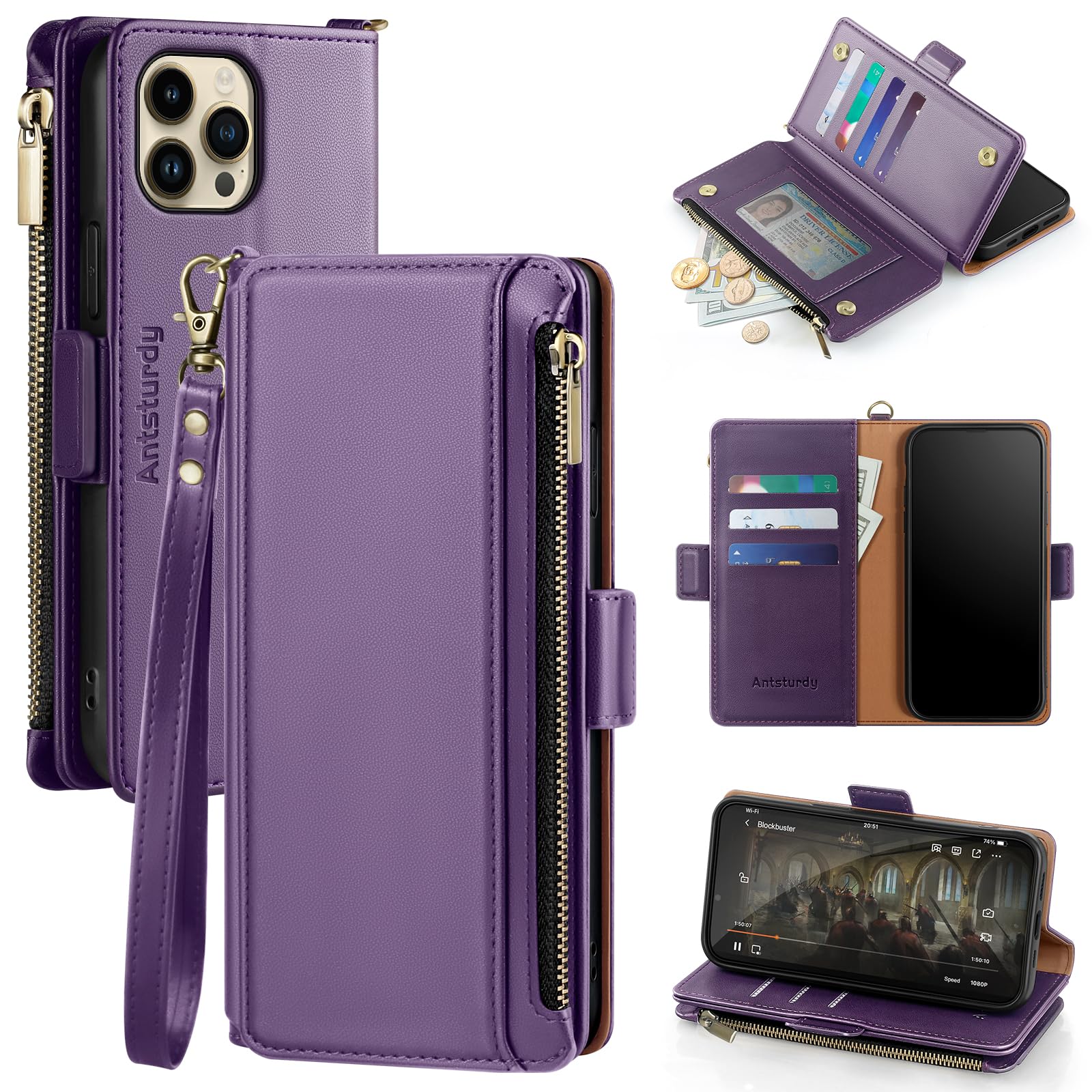 Antsturdy for iPhone 12 Pro Max Phone Wallet Case Women,Purple | RFID Blocking,with Credit Card Holder Slots,PU Leather Purse,Zipper Pocket,Wrist