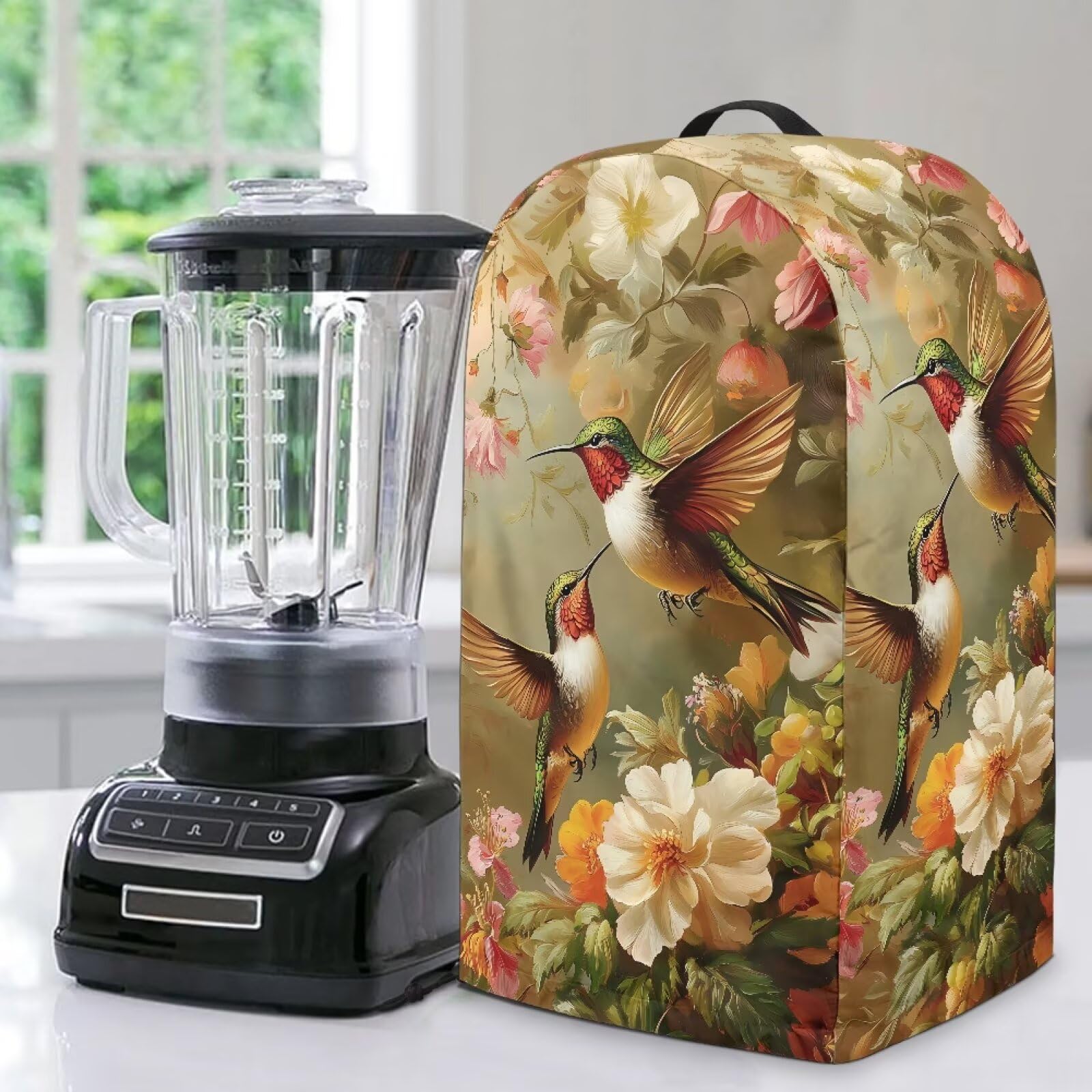 ZDCUSTOM Blender Cover with Top Handle and Drawstring Kitchen Small Appliance Dust and Fingerprint Protection for Stand Mixer Coffee Maker Food Processor Vintage Flower Hummingbird