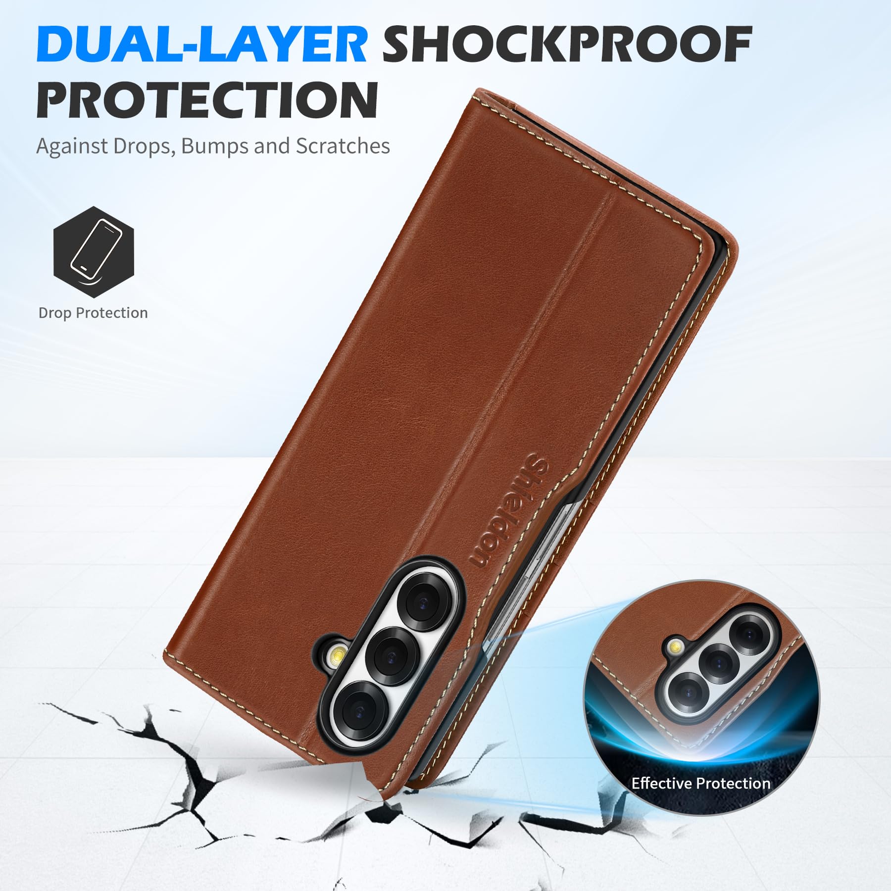 Shieldon Coque en Cuir Véritable pour Galaxy Z Fold7 (8.0"), Marron Rétro