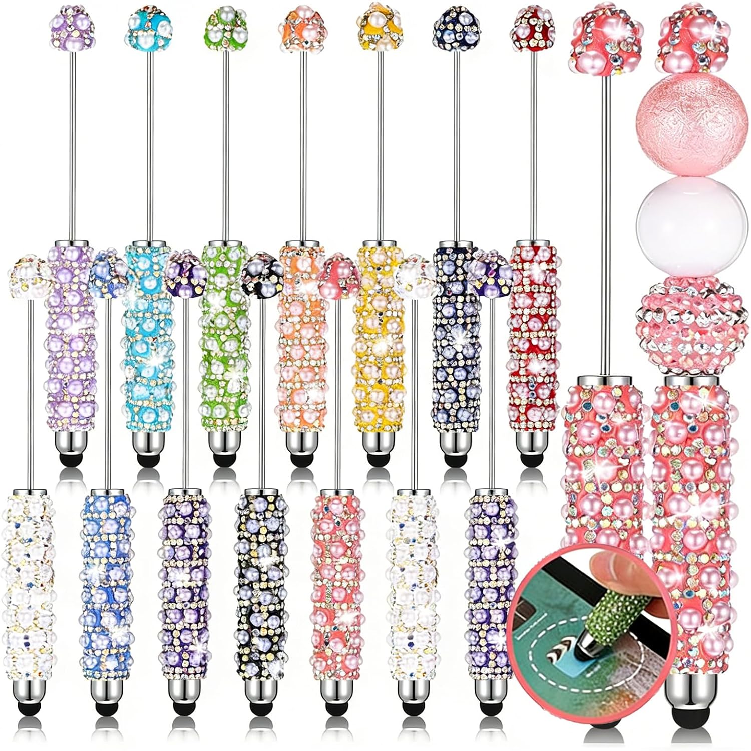 Tondiamo 24 Pcs Glitter Beadable Stylus Pens Full Rhinestone Stylus Pens for Beads DIY Diamond Beaded Kit for Rubber Touch Screen Bling Ballpoint for Touchscreen DIY Craft (Rhinestone,Warm Color)