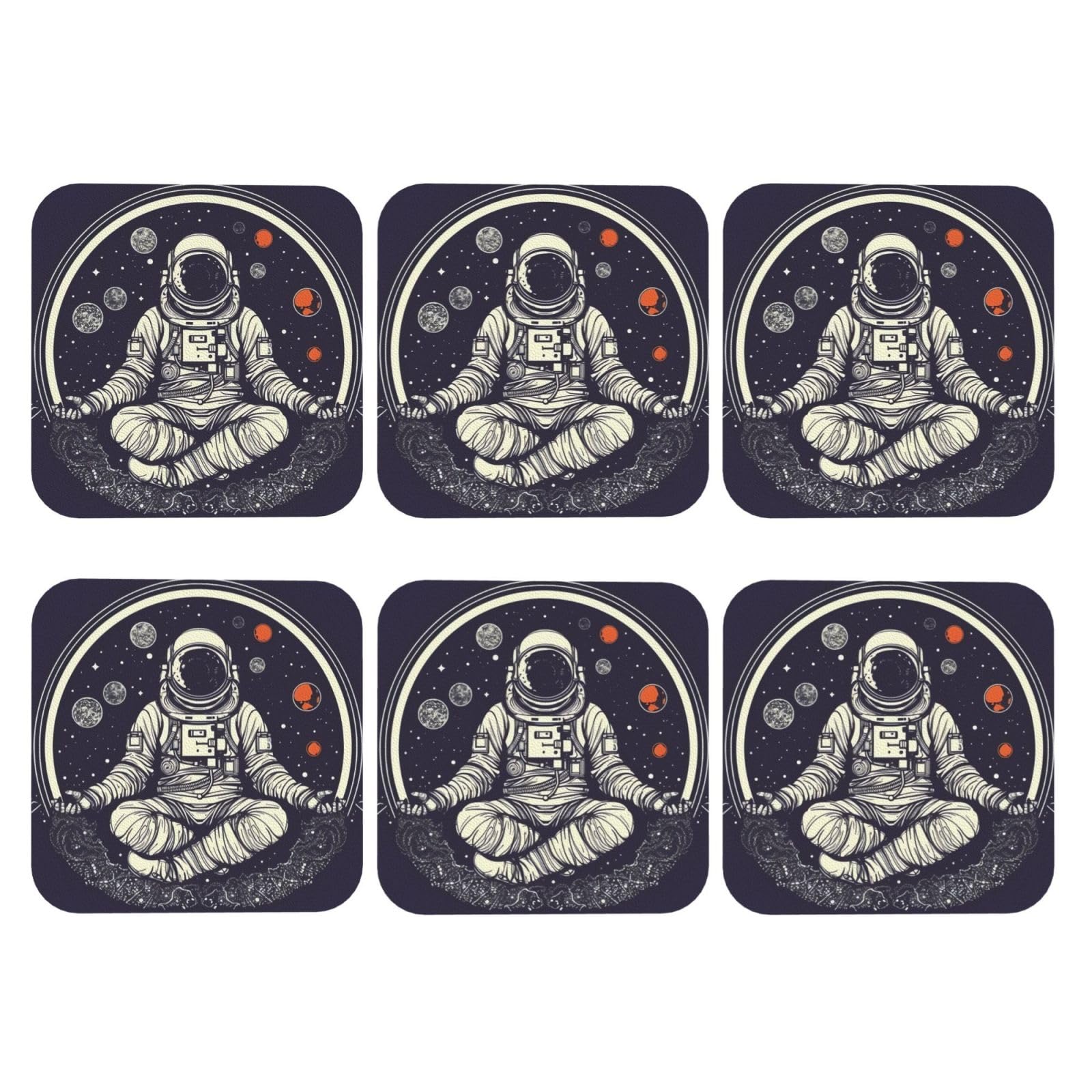 6Pcs PU Leather Coaster for Drinks, Astronaut Sitting in Yoga Chakra Cup Coastersr 4" Cup Mat Pad, Aesthetic Drink Coasters for Coffee Table, Square Coaster for Tabletop Protection