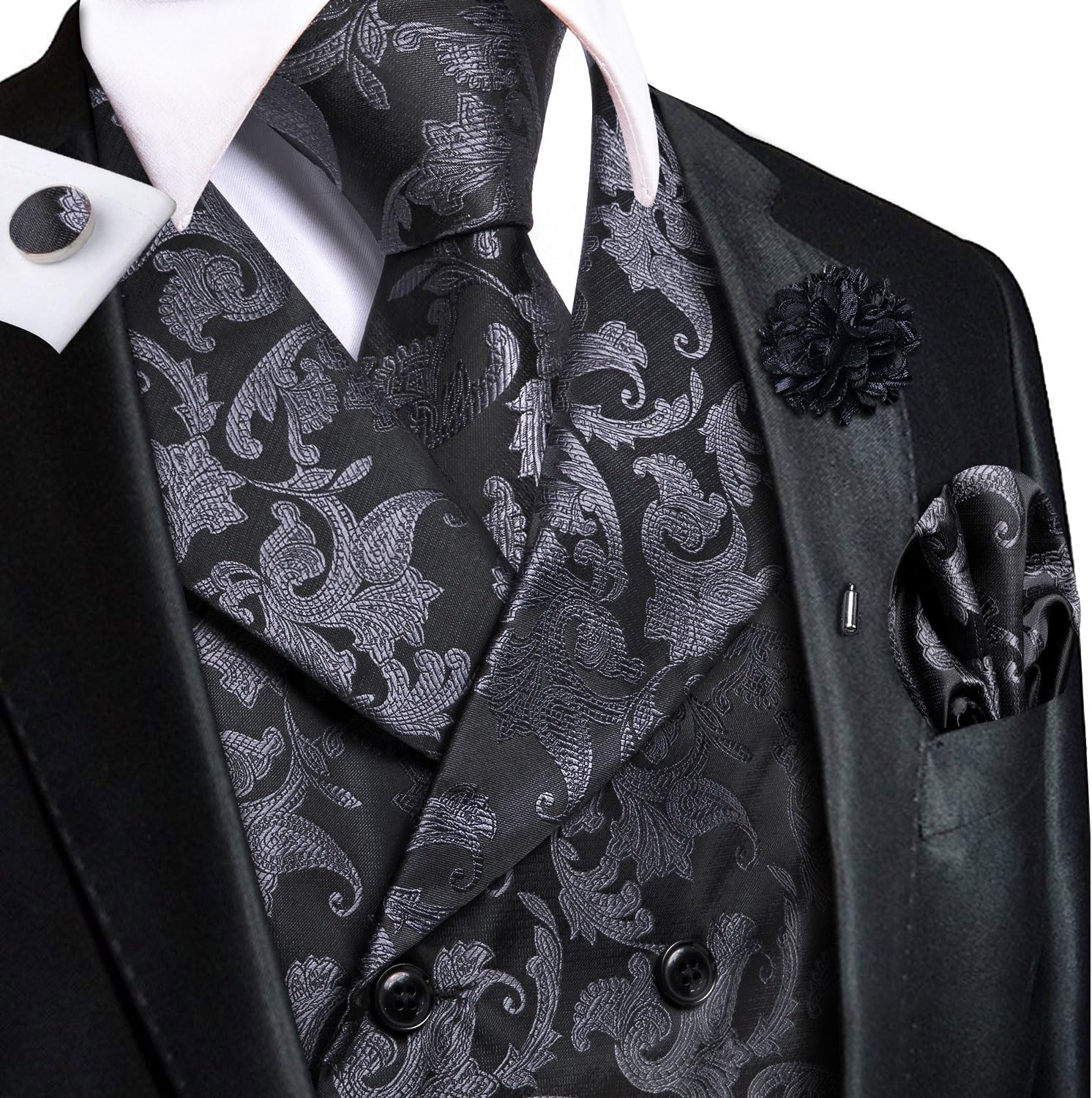 Hi-Tie Dark Grey Black Floral Double Breasted Waistcoat For Men Necktie Silk Suit Vest Tie Lapel Pin Handkerchief Cufflinks Tie Clip Suit Tuxedo 6Pcs
