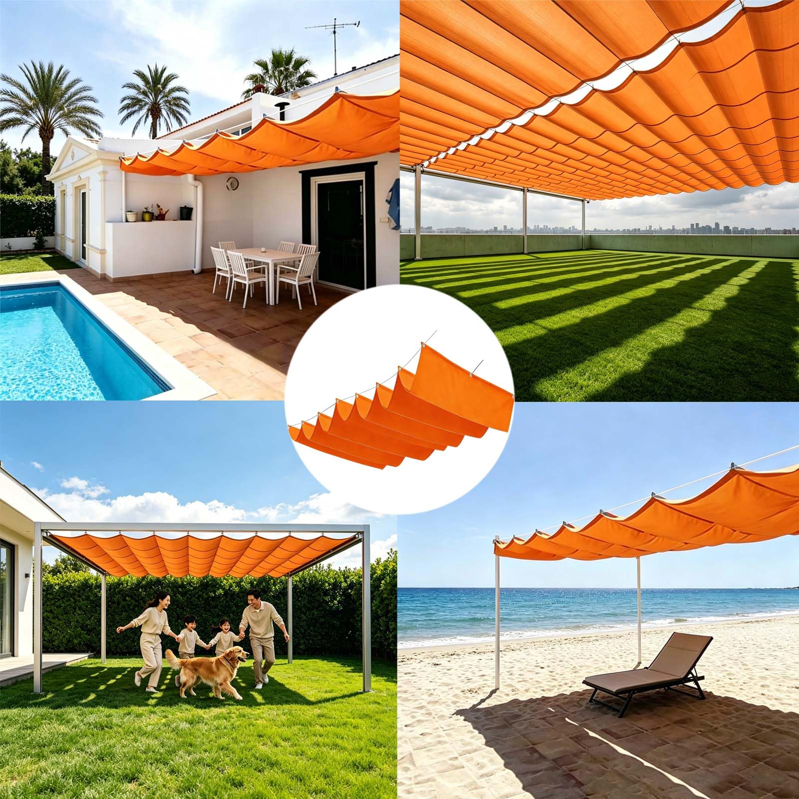 Rozwijany Żagiel Przeciwsłoneczny Wave 160 x 380 cm Wodoodporne, Blokada UV W 95%, Z Linką, Łatwy Montaż Rozwijana Falista Markiza Baldachim Pergola Do Pergoli, Werandy, Pomarańczowy