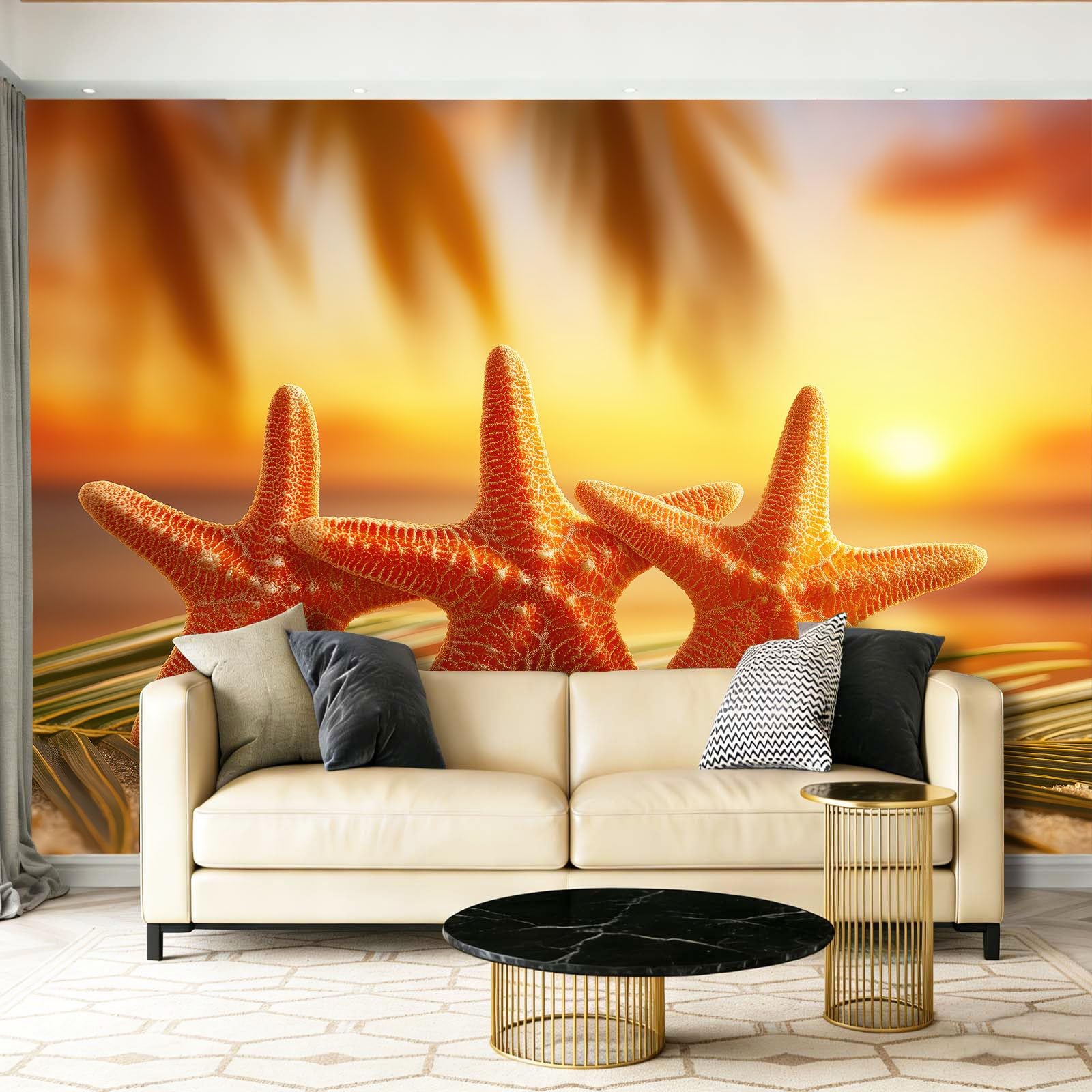 Fototapeta Naturalna Rozgwiazda Liście Palmowe Kolor Pomarańczowy Tapeta z włókniny Dekoracja Salon Sypialnia Biuro, 400 x 280 cm